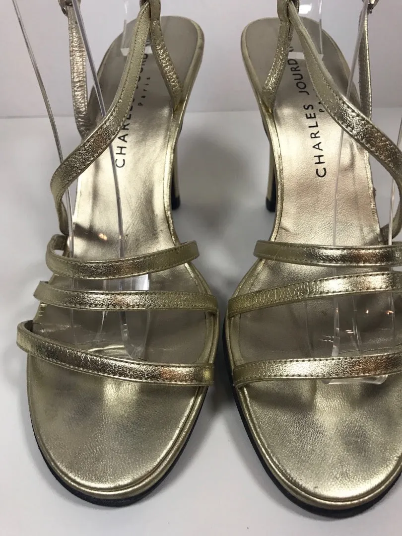 CHARLES JOURDAN Metallic Gold Leather Strappy Heels Size 8 1/2