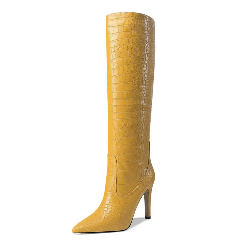 Chic Croc Effect Faux Leather Pointed Toe Knee High Stiletto Boots - Yellow