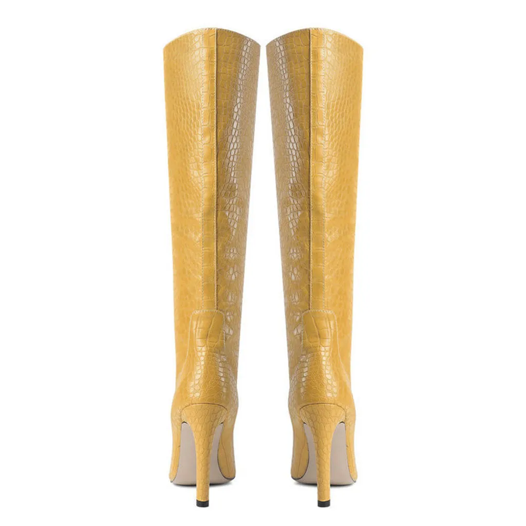 Chic Croc Effect Faux Leather Pointed Toe Knee High Stiletto Boots - Yellow