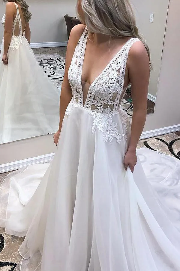 Chiffon Deep V-Neck Long Wedding Dress With Lace Appliques OW425