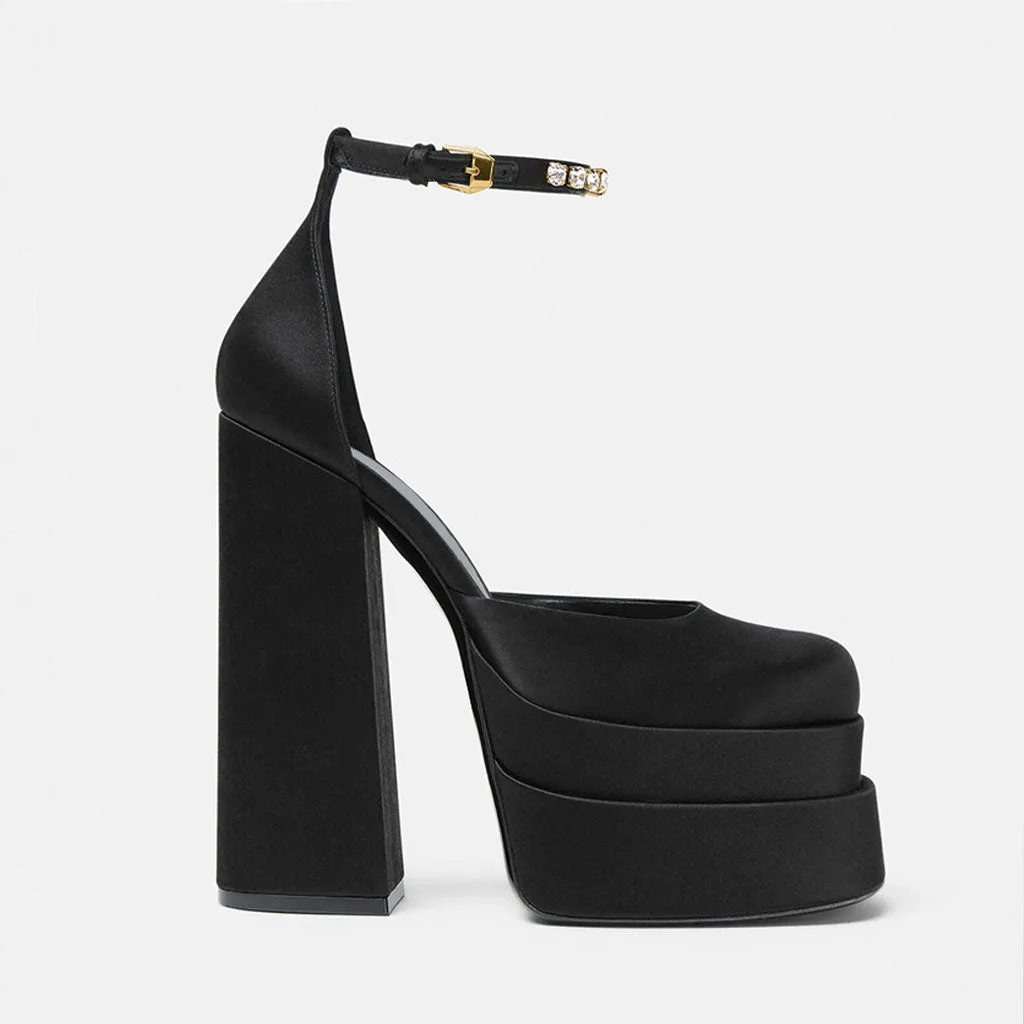 Classy Satin Square Toe Ankle Strap Chunky Heel Platform Sandals - Black