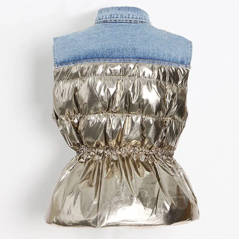 Cool Denim Collar Button Down Deconstructed Hybrid Metallic Puffer Vest - Gold