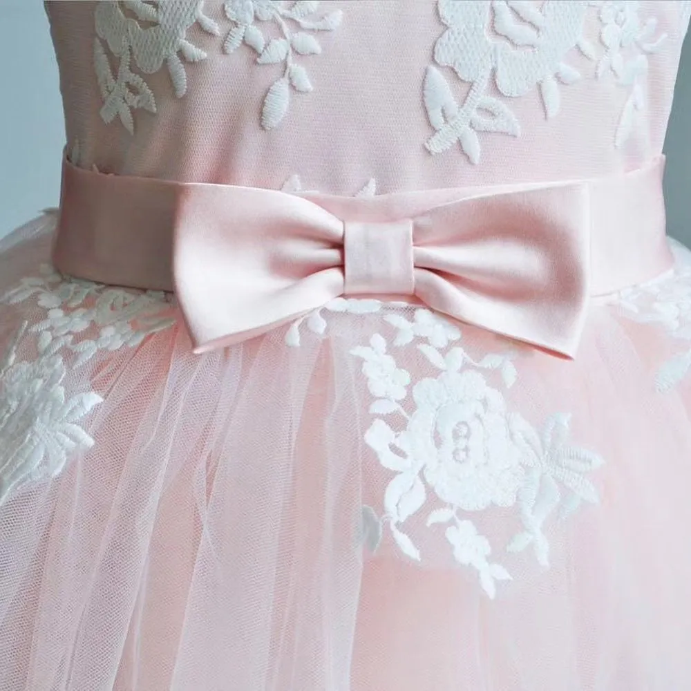 Cute A-line Scoop Lace Tulle Pink Flower Girl Dress With Bowknot OF137