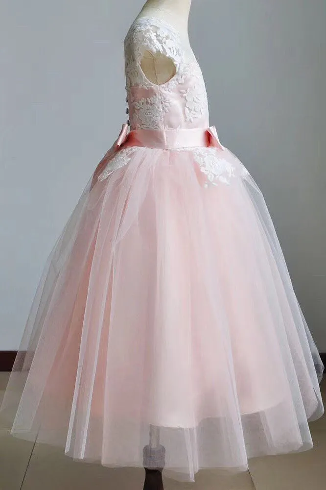 Cute A-line Scoop Lace Tulle Pink Flower Girl Dress With Bowknot OF137