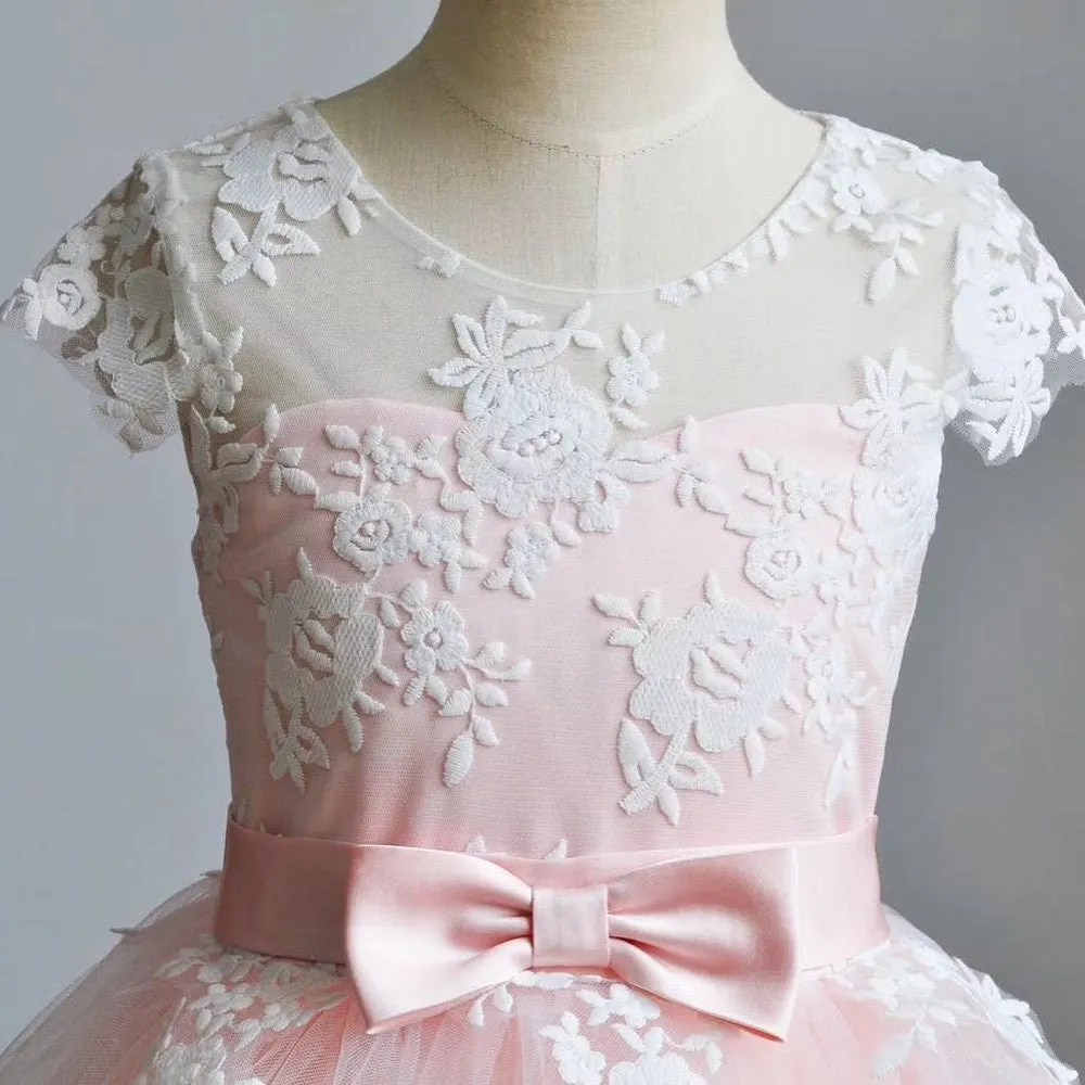 Cute A-line Scoop Lace Tulle Pink Flower Girl Dress With Bowknot OF137