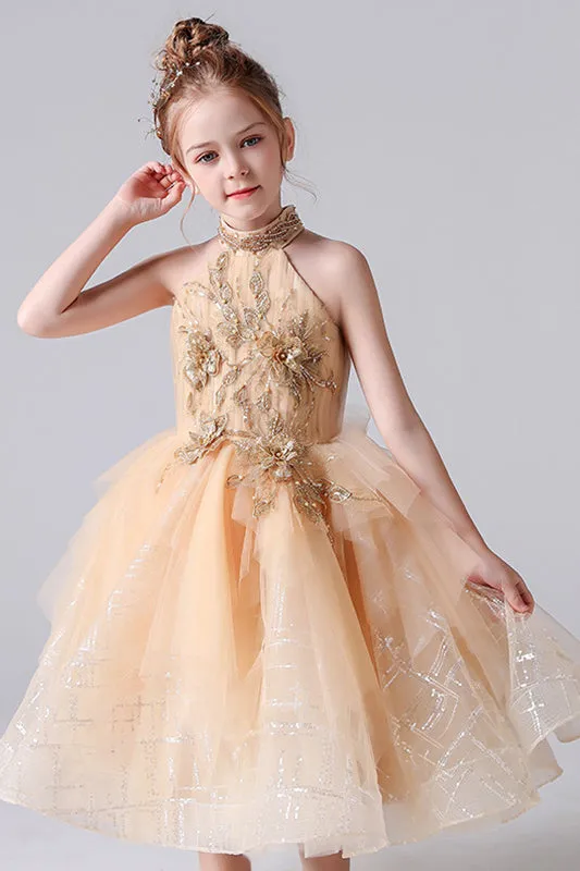 Cute Halter Sleeveless Appliques Flower Girl Dress