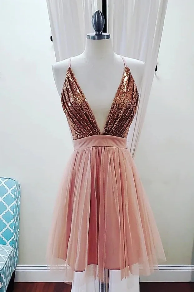 Deep V-neck Spaghetti-Straps Homecoming Dresses With Sequins