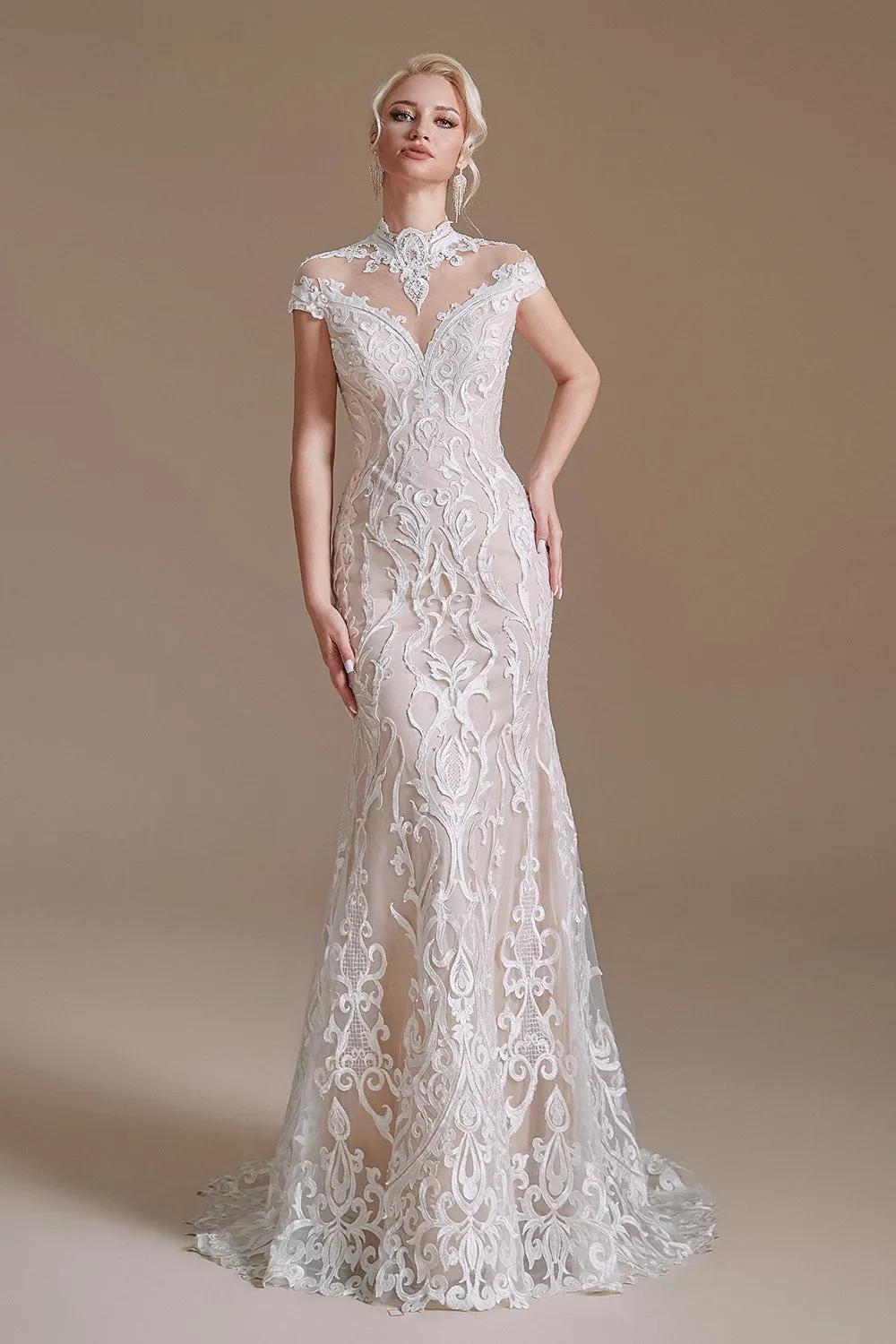 Elegant Cap Sleeves Lace Mermaid Long Beach Wedding Dresses