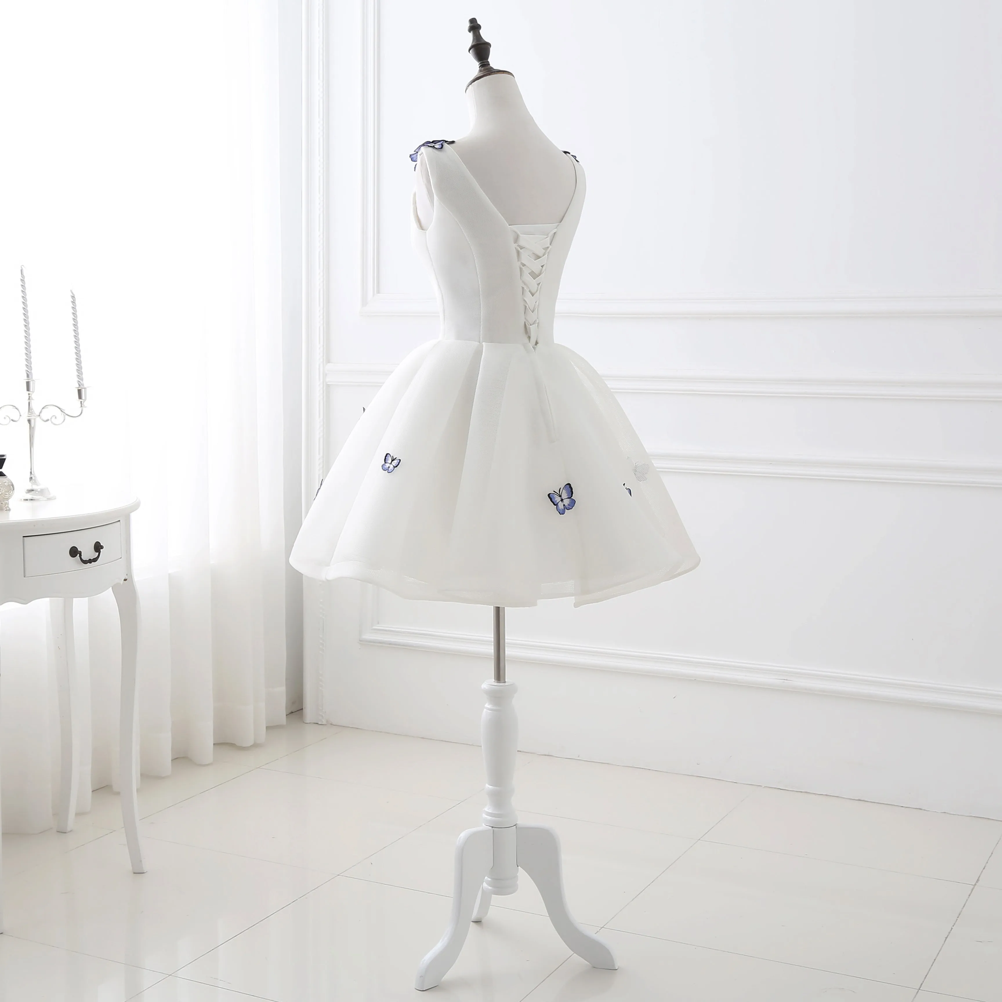 Elegant Sleeveless V-Neck White Homecoming Dress With Blue Butterflies Short Prom Dress AS12426