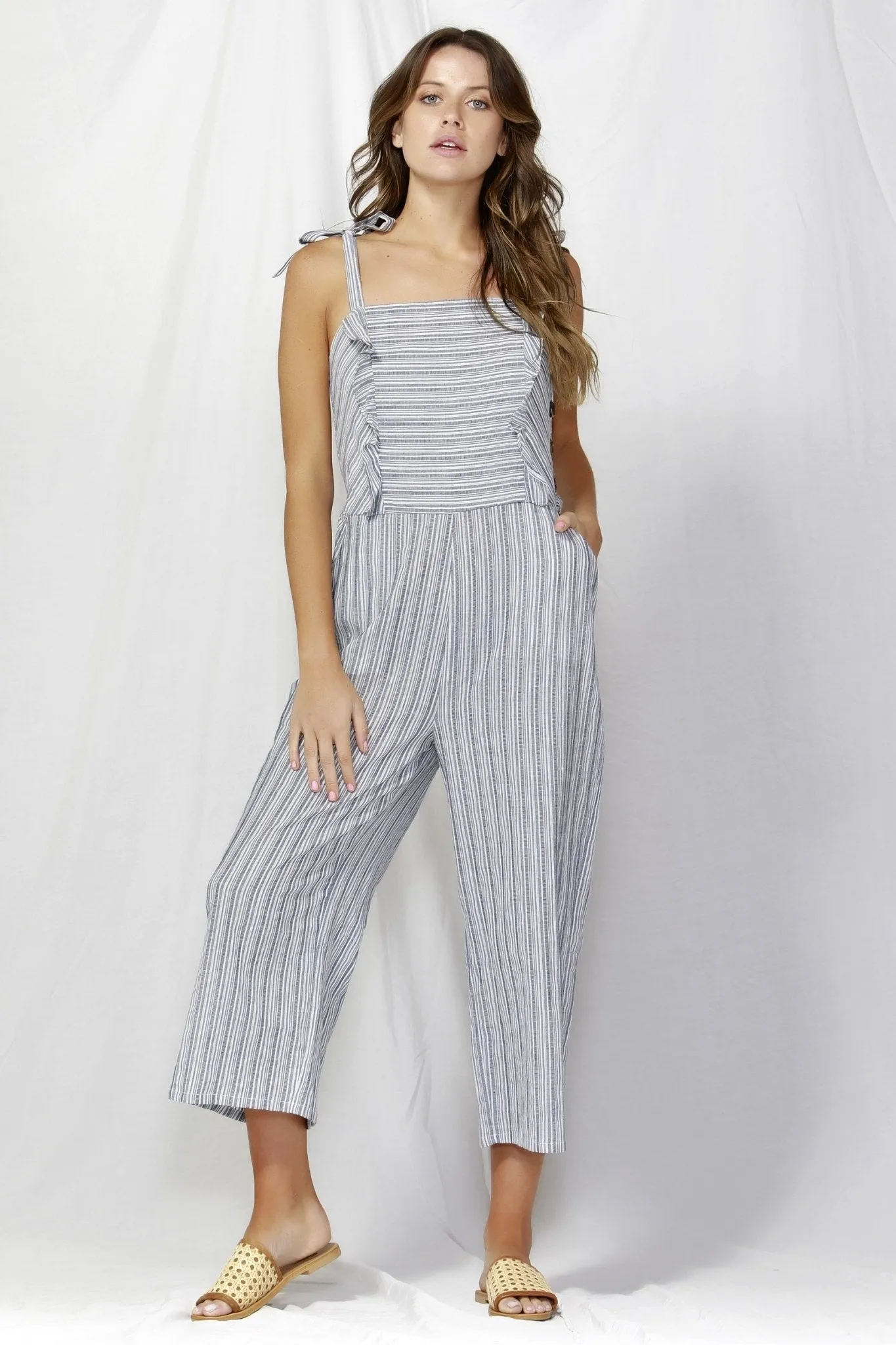 Fate   Becker Venice Button Jumpsuit in Navy Stripe