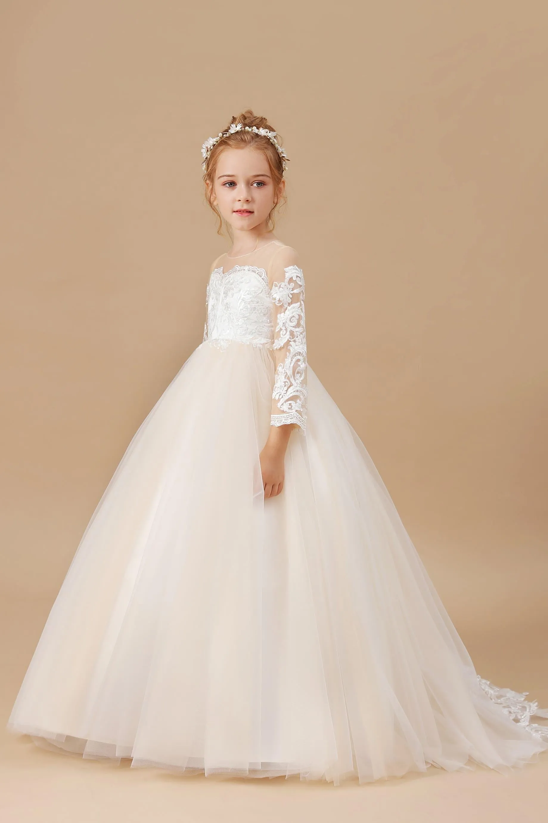 Floor-length Tulle Satin Long Sleeves Lace Flower Girl Dresses