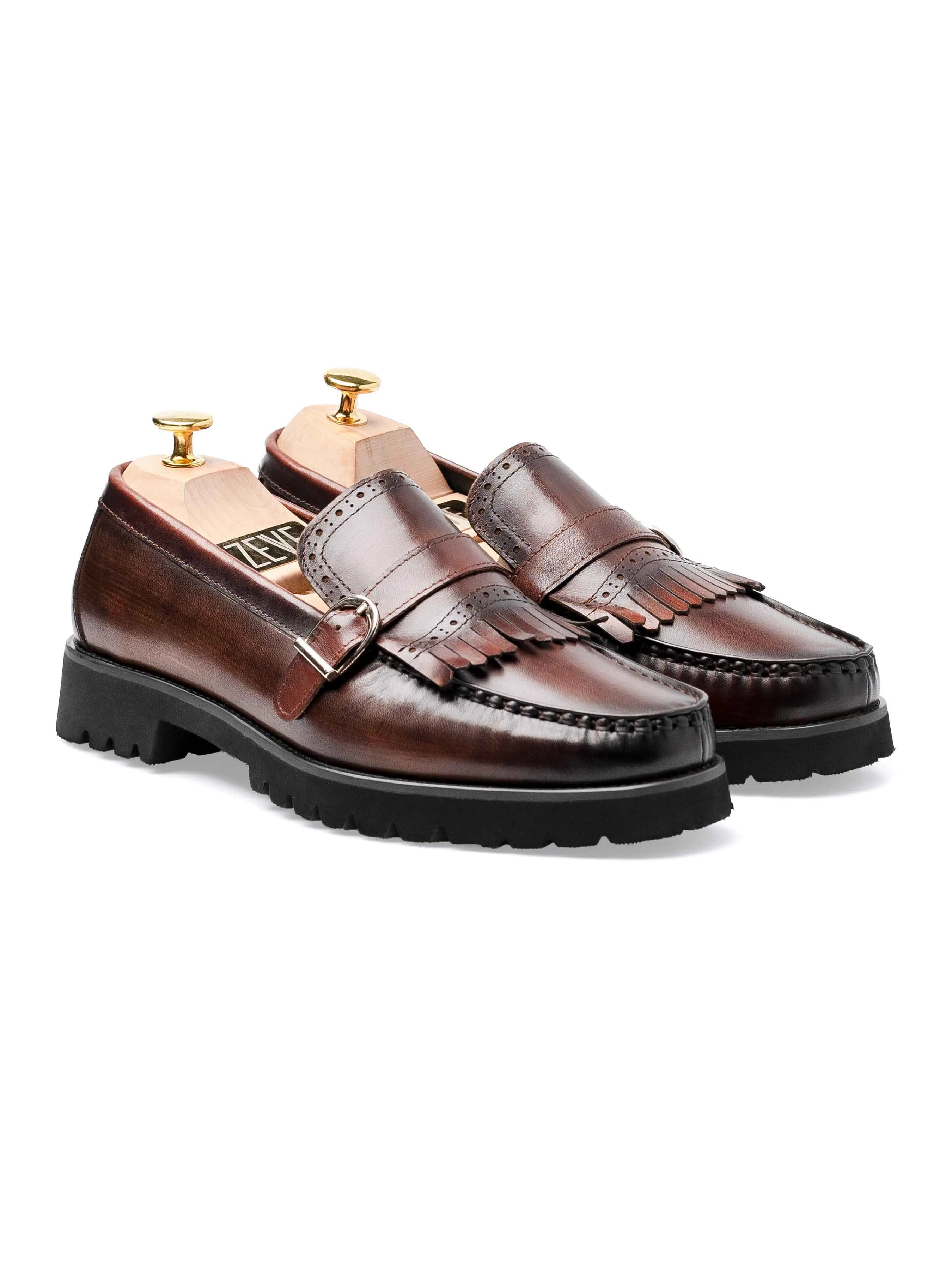 Fringe Buckle Loafer - Brown Patent Leather (Eva Combat)