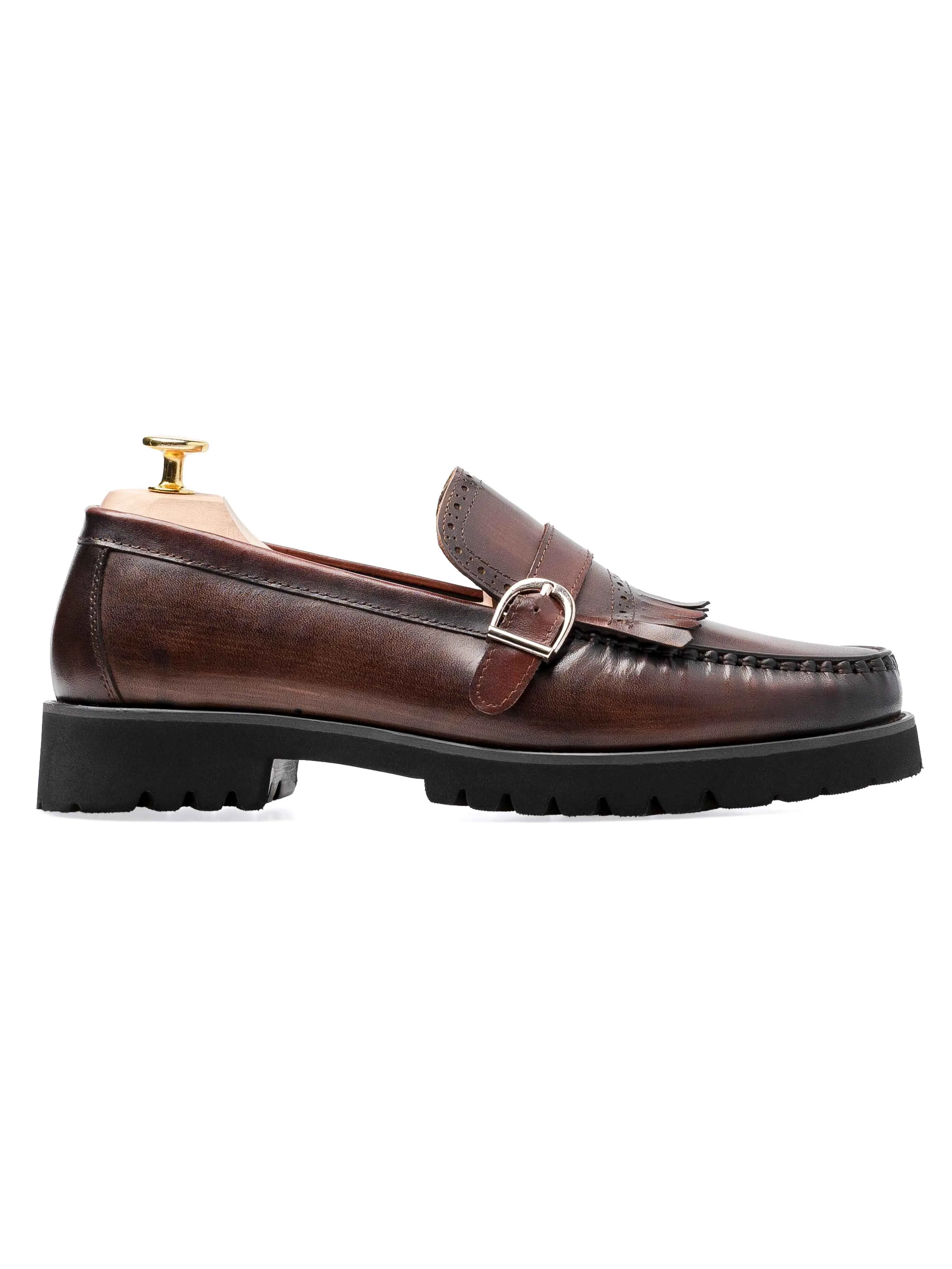 Fringe Buckle Loafer - Brown Patent Leather (Eva Combat)