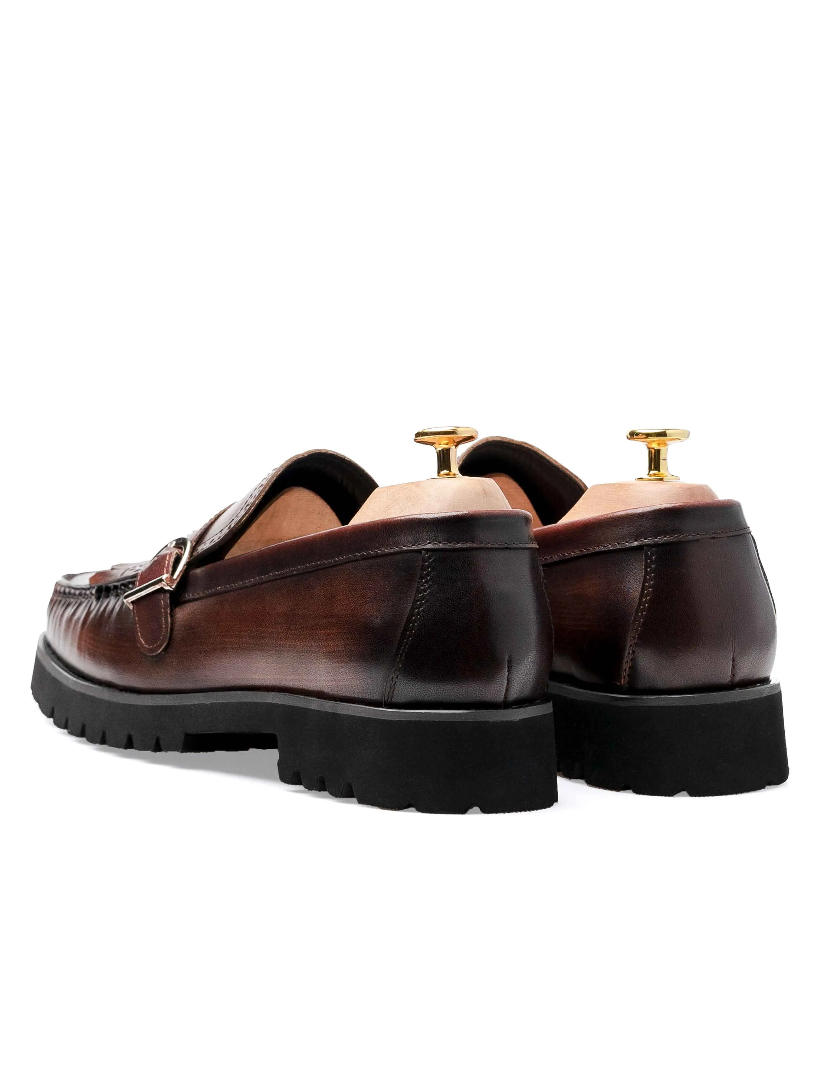 Fringe Buckle Loafer - Brown Patent Leather (Eva Combat)