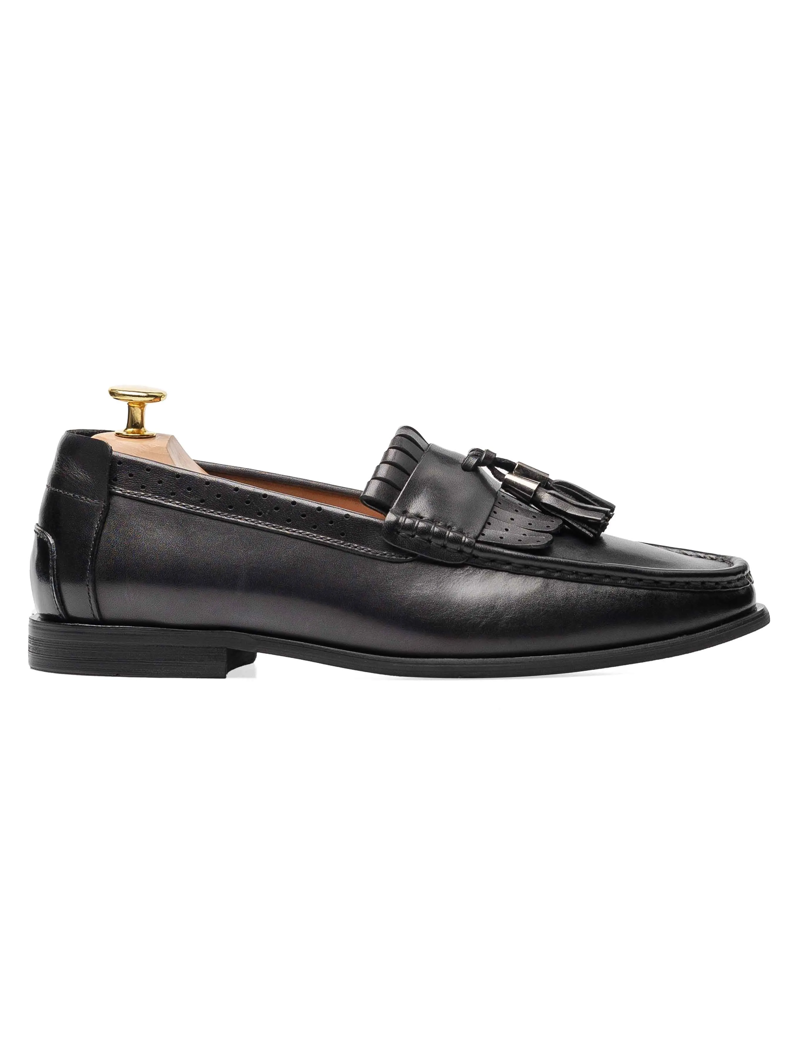 Fringe Classic Loafer - Black Grey with Tassel (Hand Painted Patina)