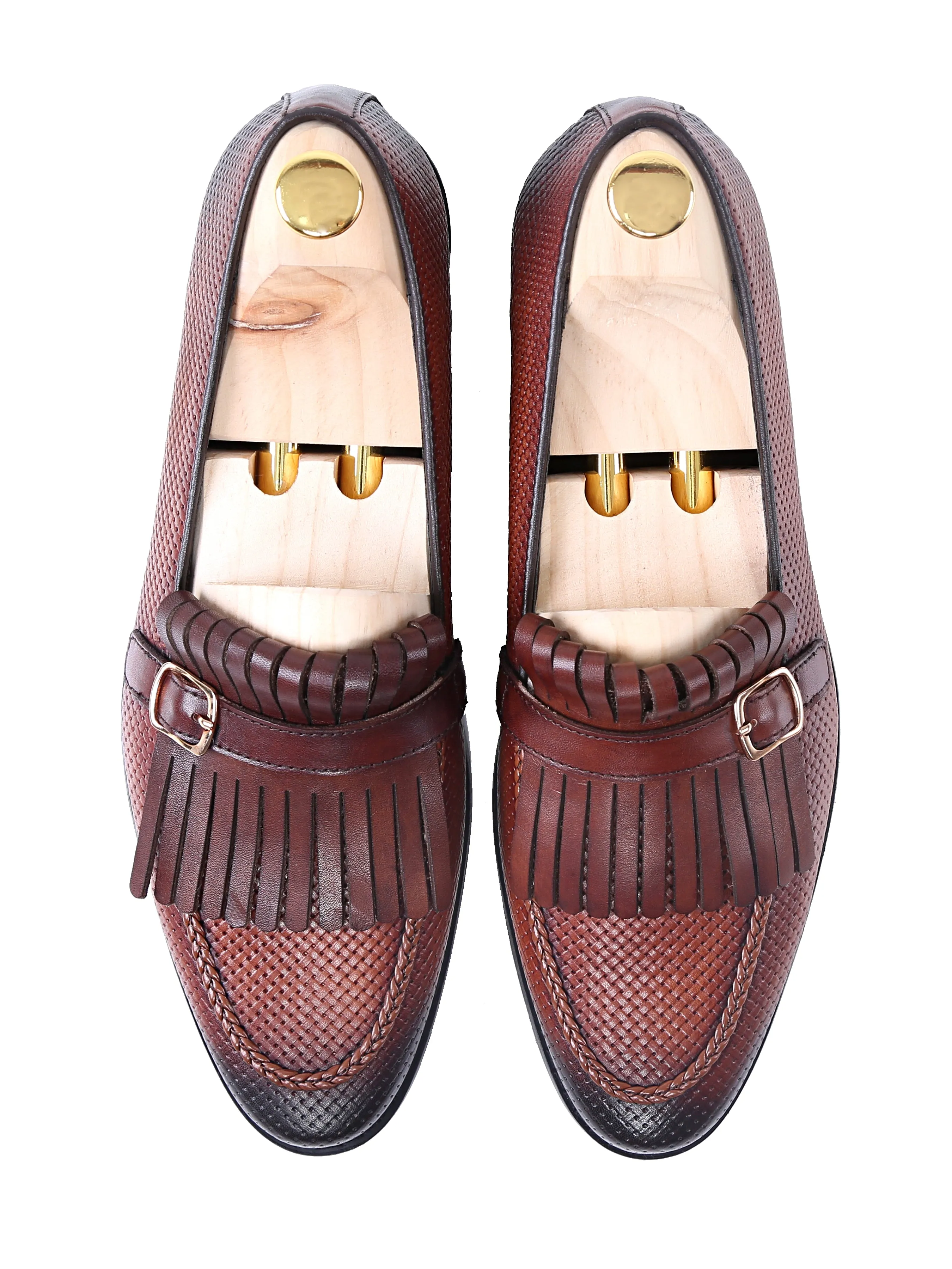 Fringe Kiltie Loafer - Cognac Tan Woven Leather with Side Buckle (Hand Painted Patina)