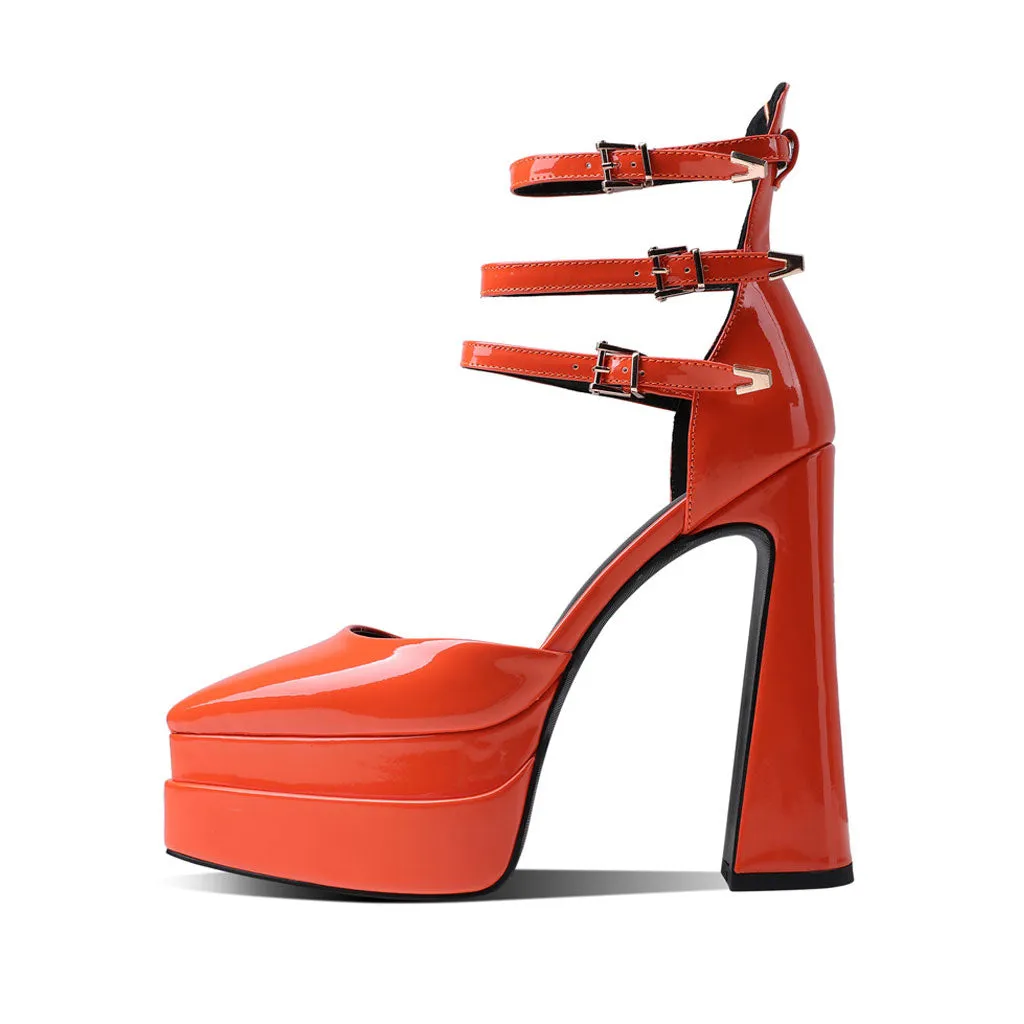 Glossy Pointed Toe Platform Block Heel Ankle Strap Pumps - Orange