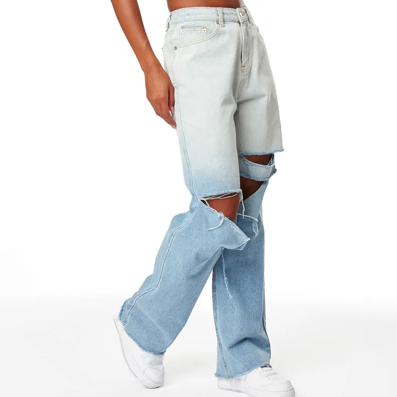 Gradient Wide Leg Washed Ripped Boyfriend Jeans - Light Blue