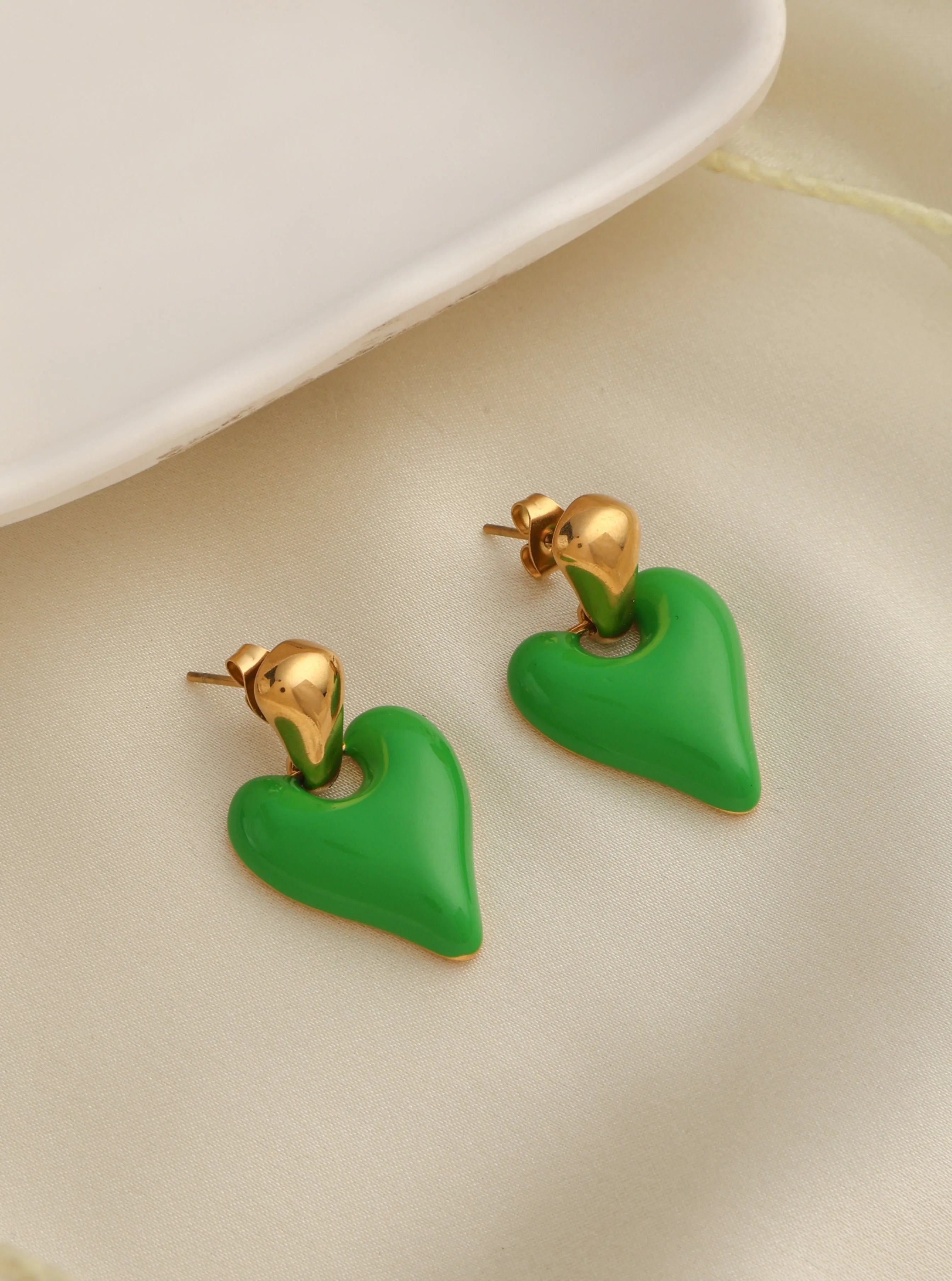 Green Enamel Heart Earrings