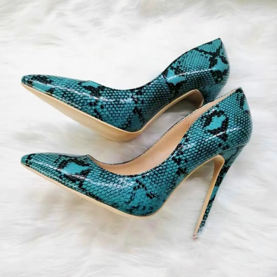 High-heels with blue snakeskin pattern, Fashion Evening Party Shoes, yy19