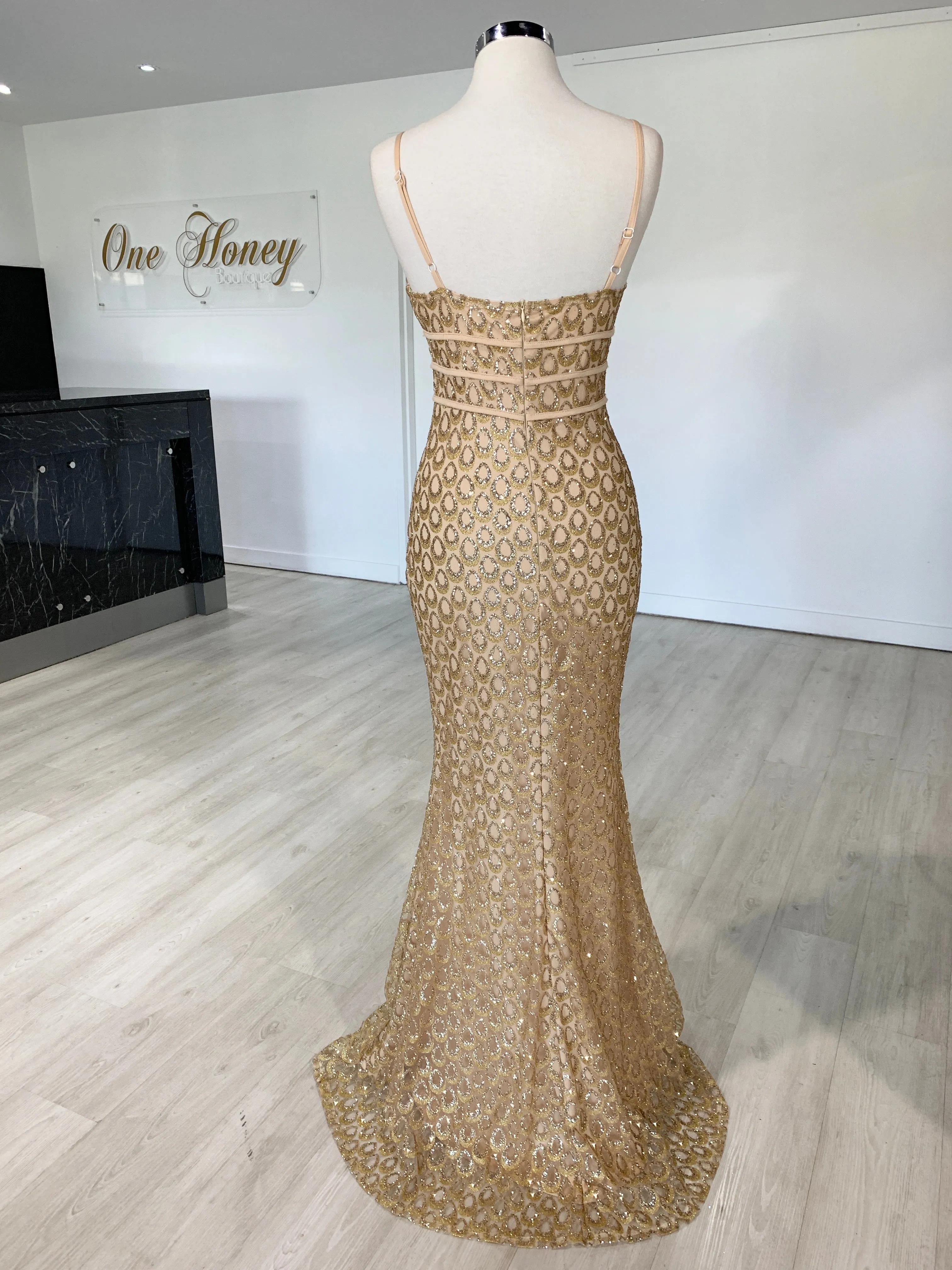 Honey Couture KARMEL Gold Glitter Formal Dress