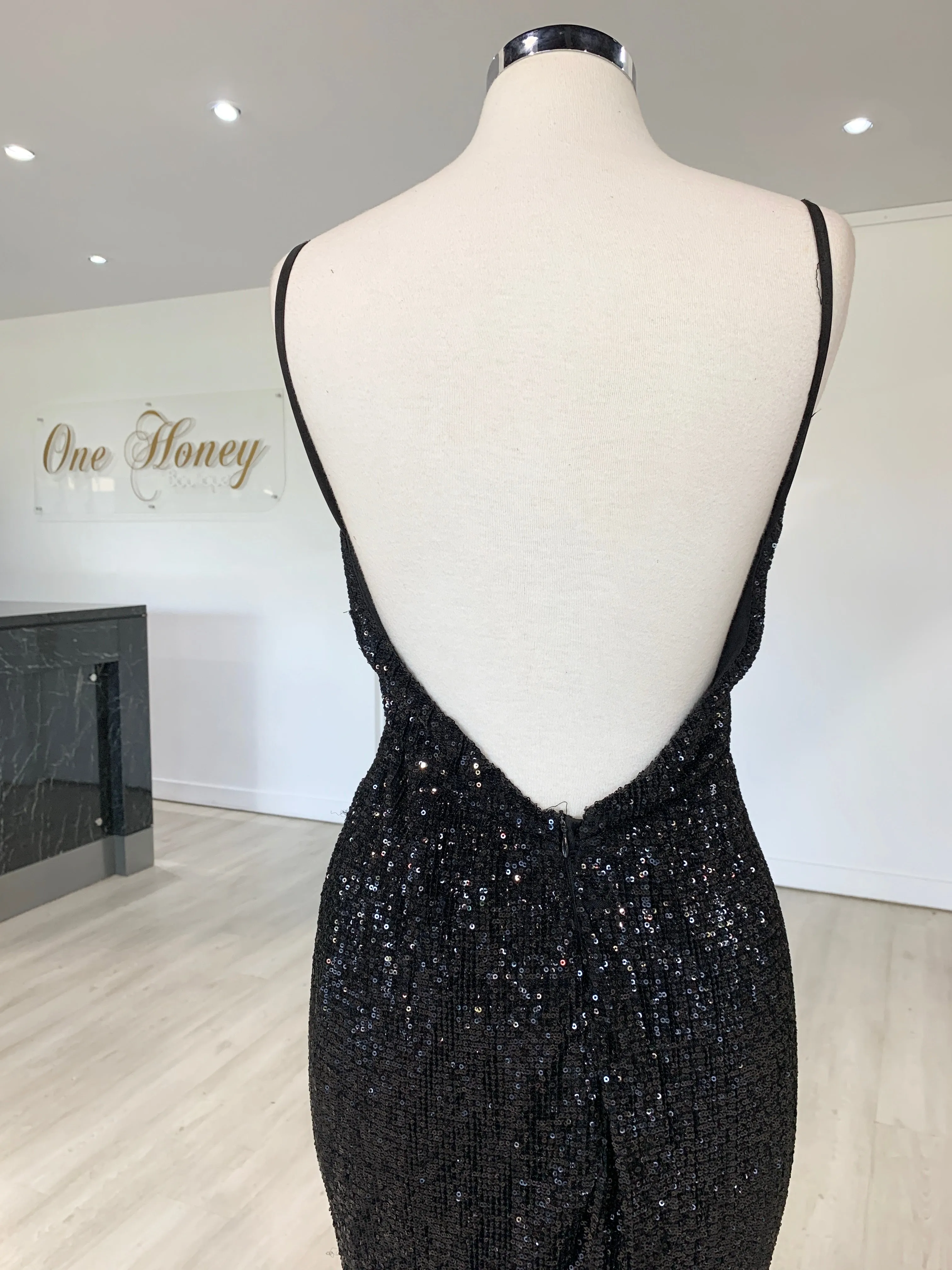 Honey Couture ROSALIE Black Low Back Sequin Formal Gown Dress