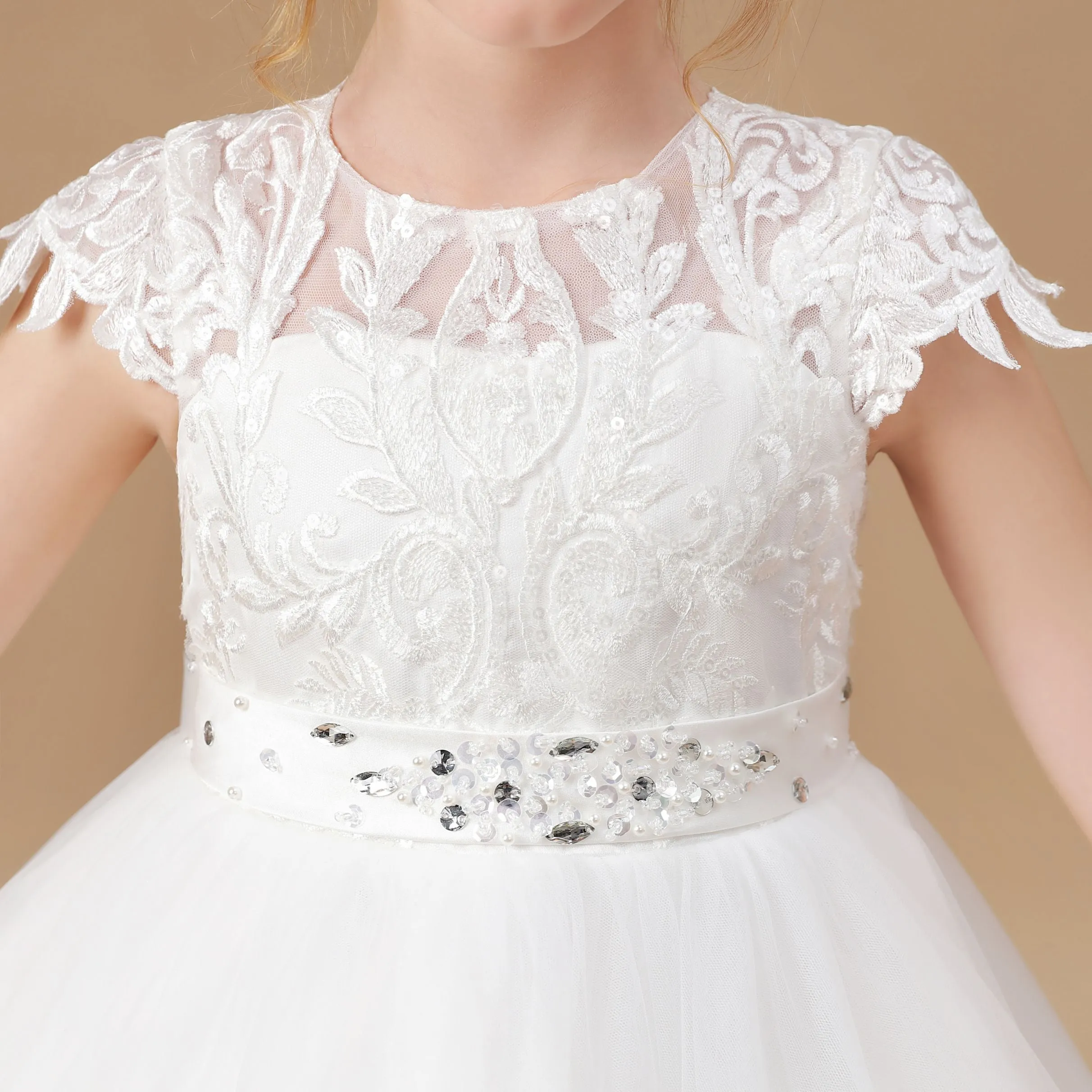 Ivory  Lace Satin Princess Dress Flower Girl Dress With Bowknot