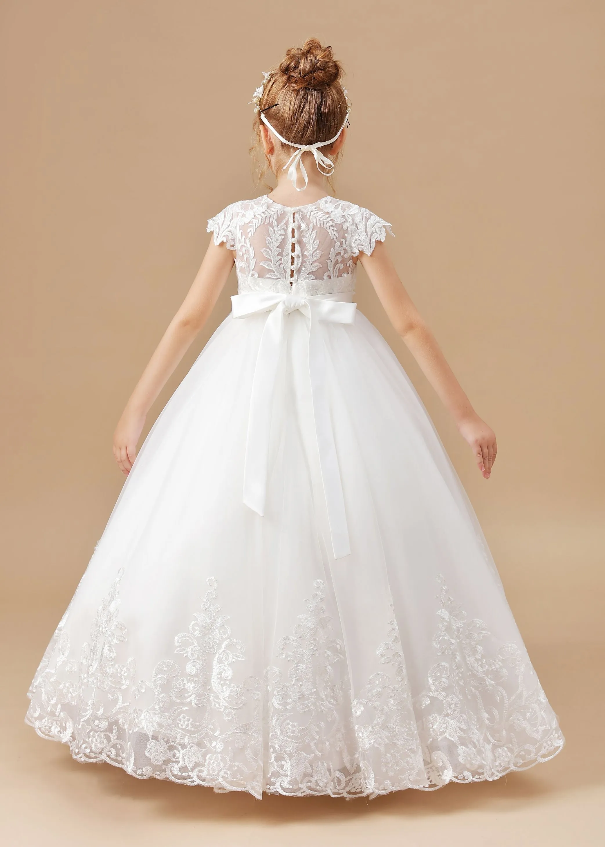 Ivory  Lace Satin Princess Dress Flower Girl Dress With Bowknot