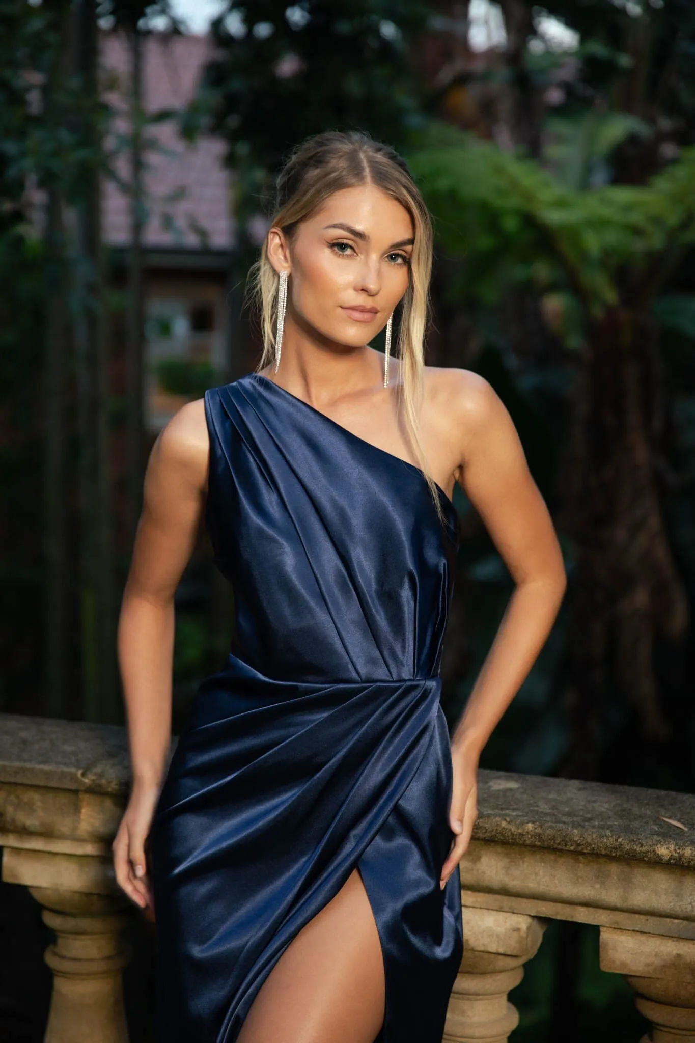 Kendra One Shoulder Satin Maxi Dress - Navy