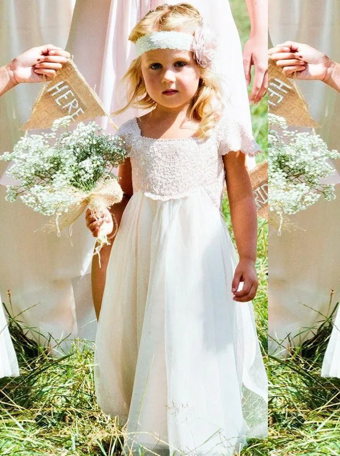 Lace Cap Sleeves Tulle Flower Girl Dress With Ribbon Bowknot OF112