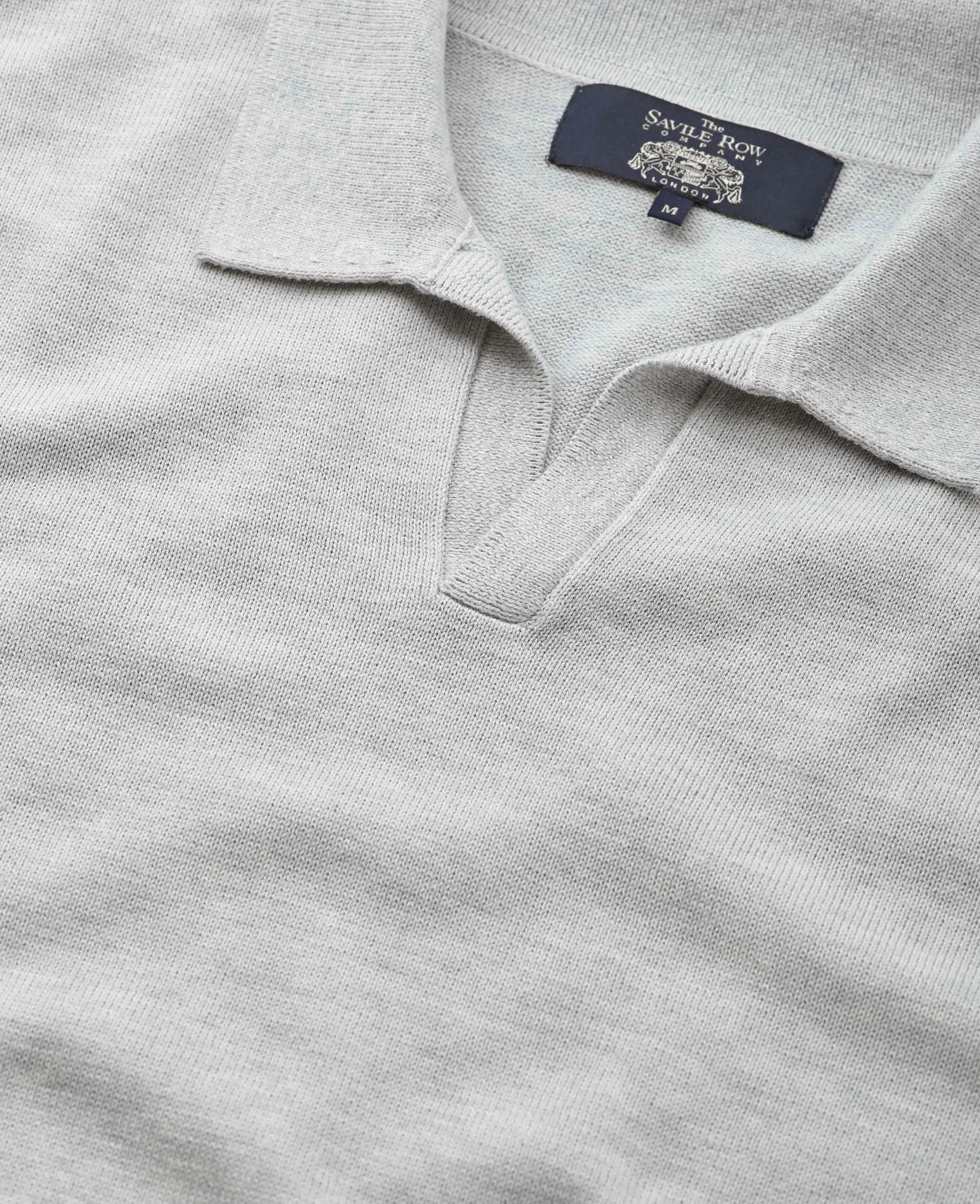 Light Grey Cotton-Blend Open Collar Knit Polo