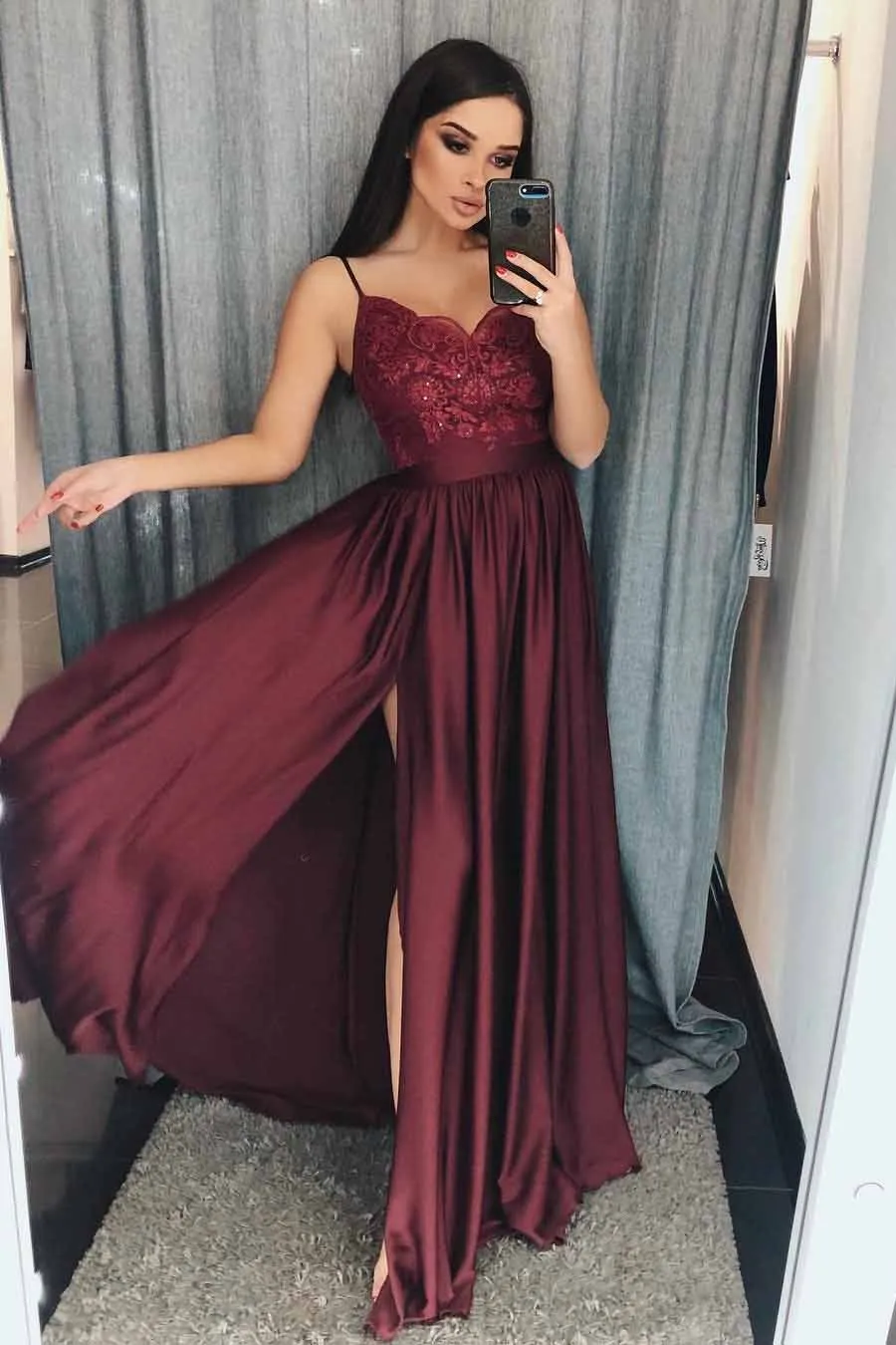 Long Burgundy Prom Dresses Spaghetti A Line Appliques with Slit OP759