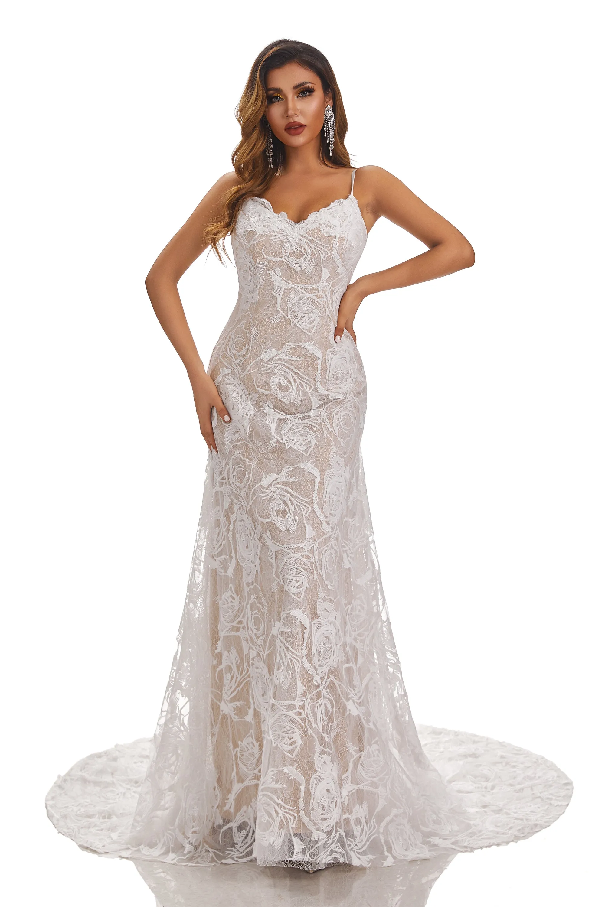 Long Mermaid V-Neck Spaghetti-Straps Wedding Dress With Lace Appliques