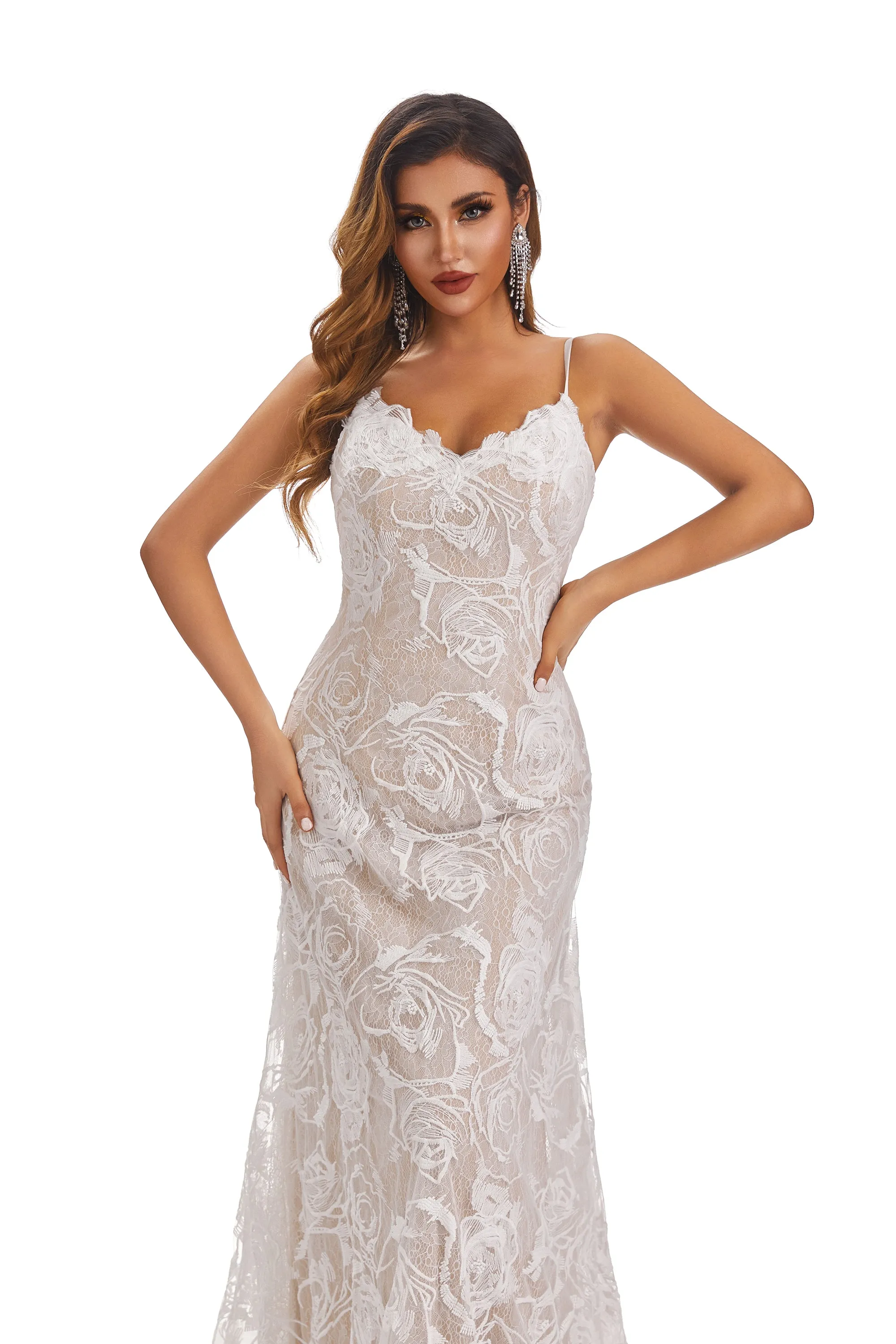 Long Mermaid V-Neck Spaghetti-Straps Wedding Dress With Lace Appliques