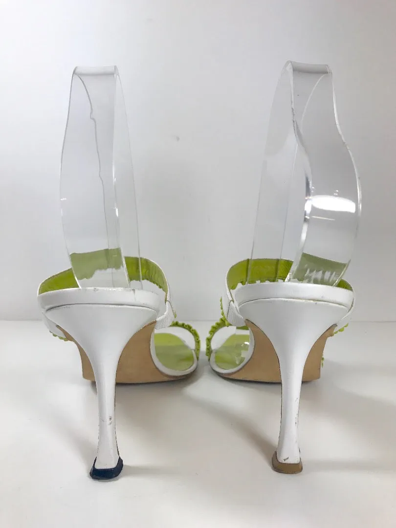 MANOLO BLAHNIK Lime Green and White Leather Mule Stiletto Size 38 1/2