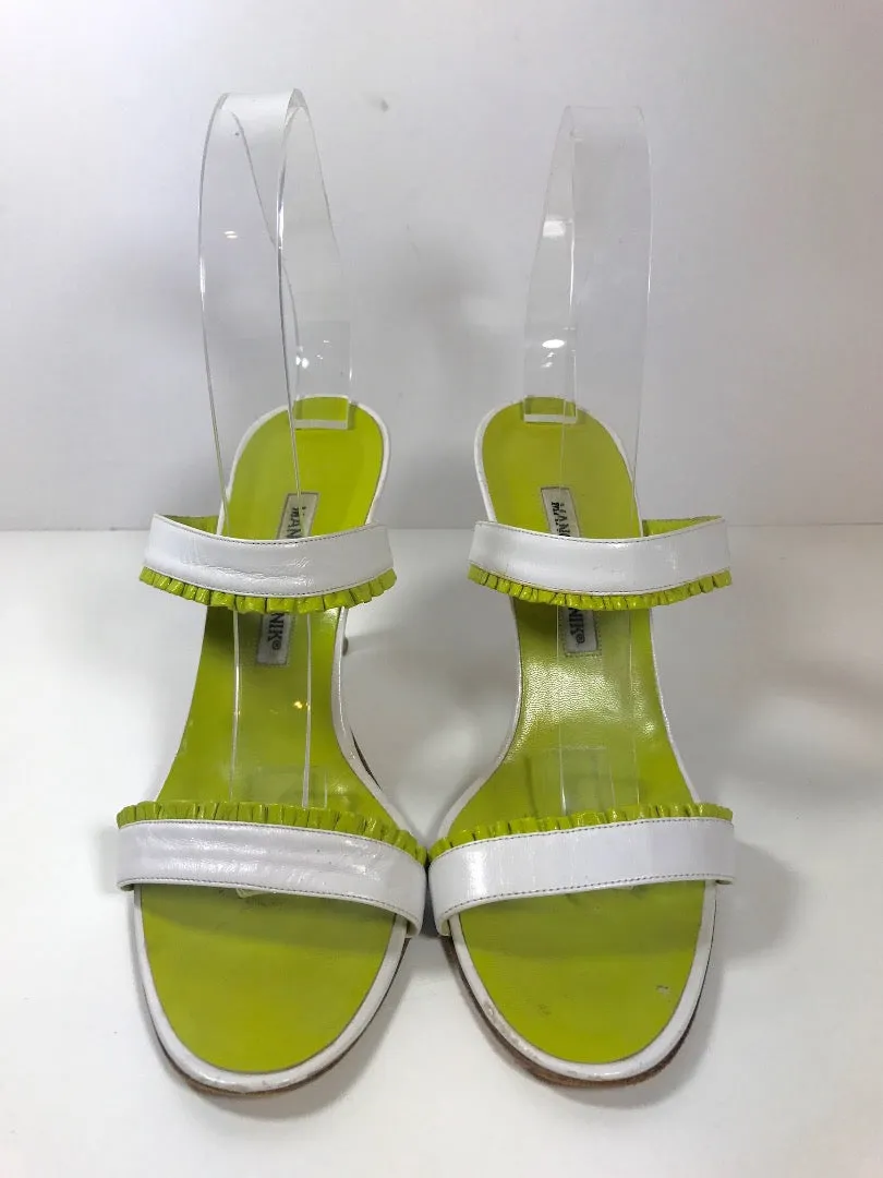 MANOLO BLAHNIK Lime Green and White Leather Mule Stiletto Size 38 1/2