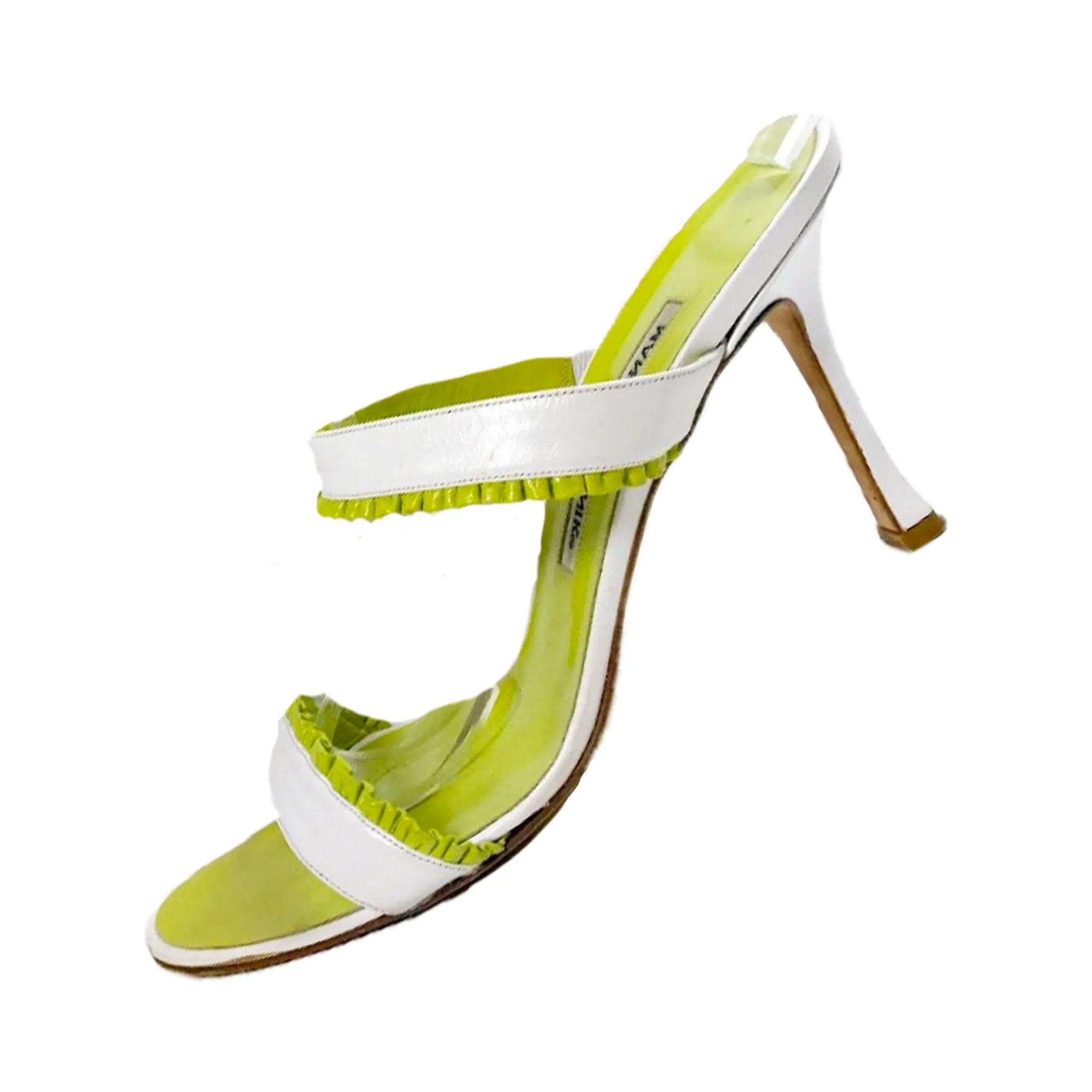 MANOLO BLAHNIK Lime Green and White Leather Mule Stiletto Size 38 1/2