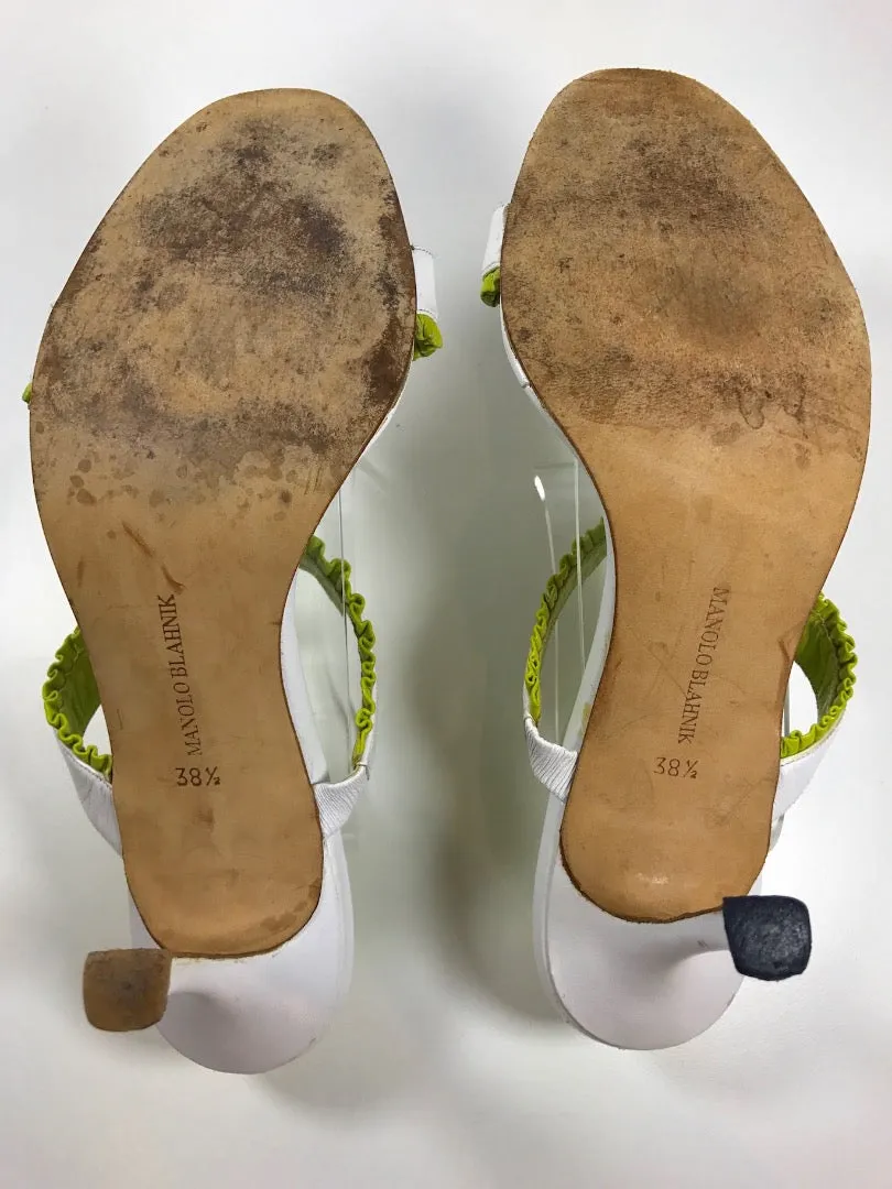 MANOLO BLAHNIK Lime Green and White Leather Mule Stiletto Size 38 1/2