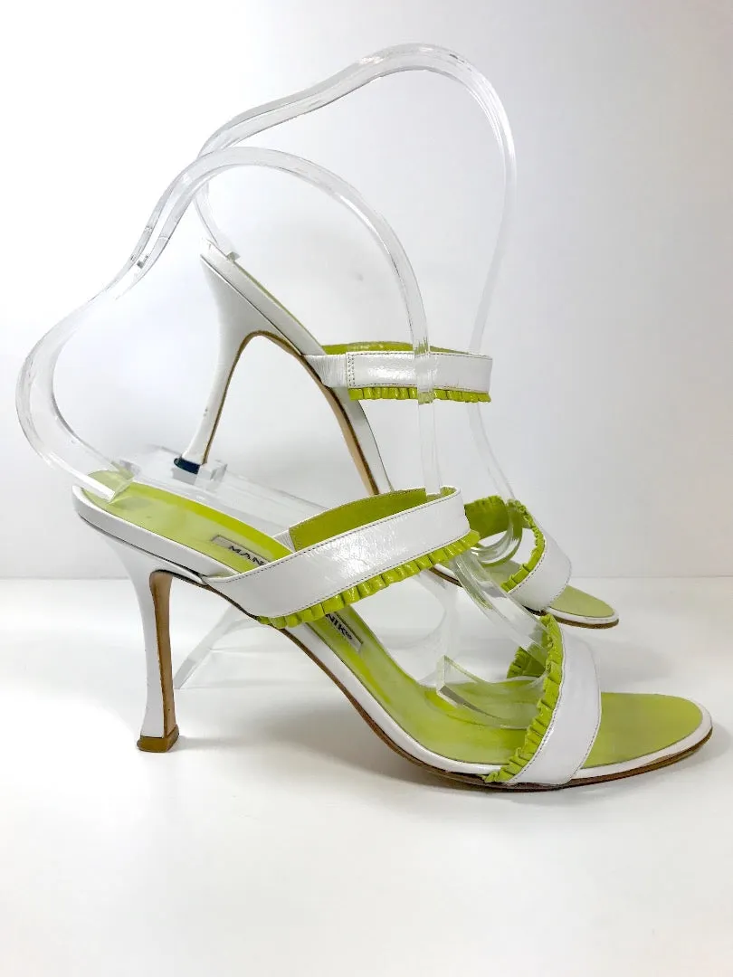 MANOLO BLAHNIK Lime Green and White Leather Mule Stiletto Size 38 1/2