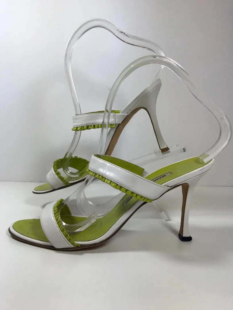 MANOLO BLAHNIK Lime Green and White Leather Mule Stiletto Size 38 1/2