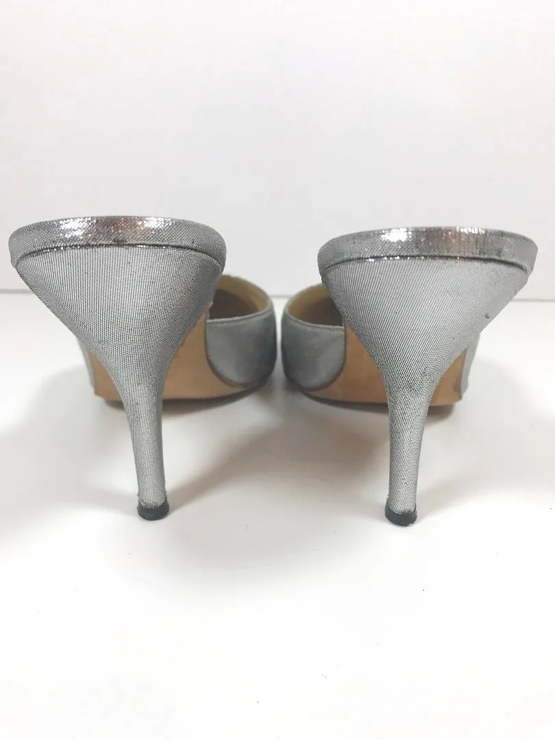 MANOLO BLAHNIK Metallic Silver Textile Pointed Mule Heel Size 9