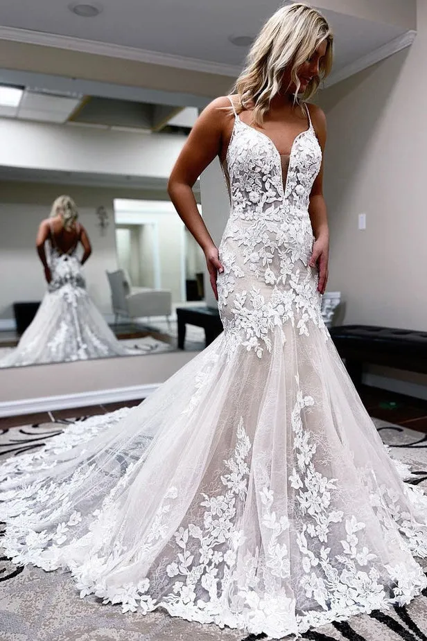 Mermaid V Neck Lace Wedding Dresses with Appliques N111