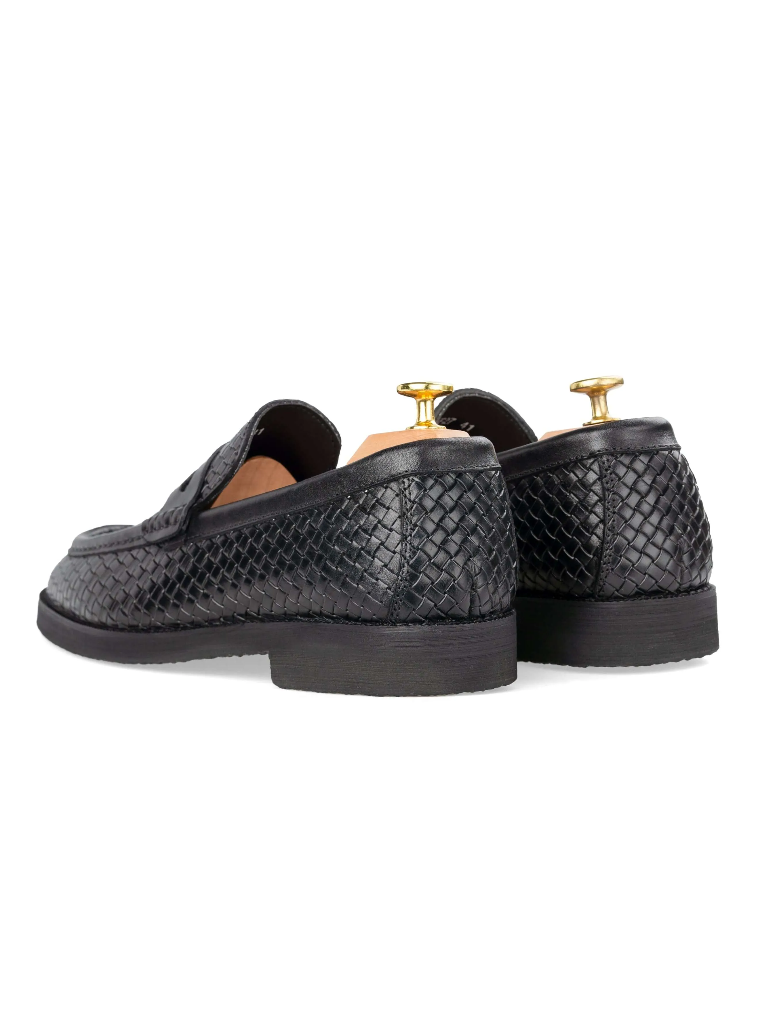 Penny Moccasin Loafer - Black Woven Leather (Crepe Sole)