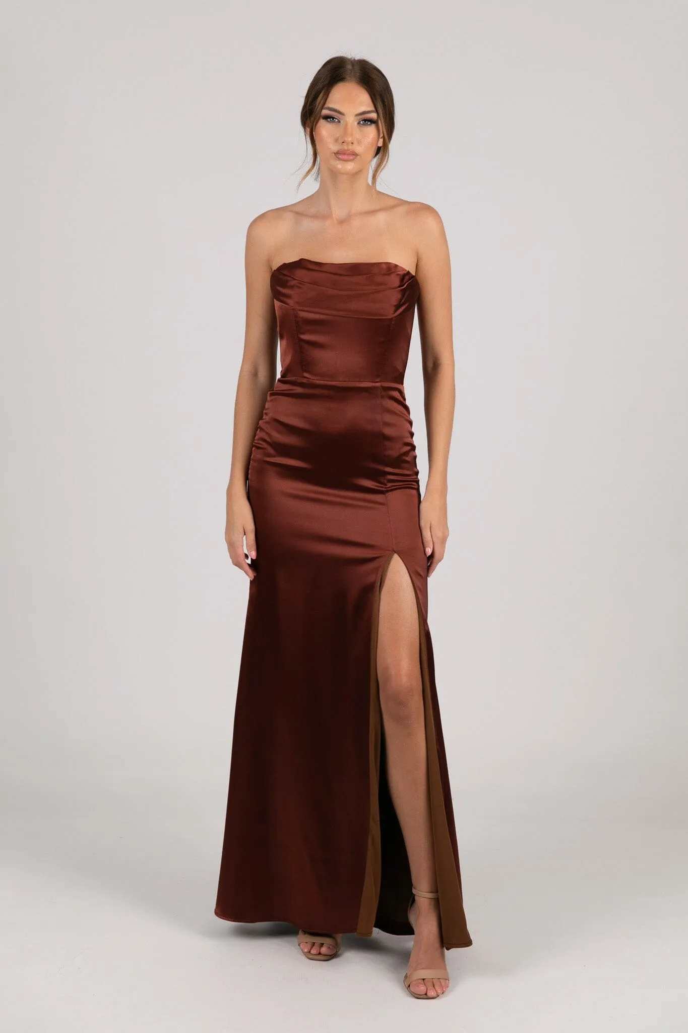 Peyton Strapless Satin Maxi Dress - Mahogany