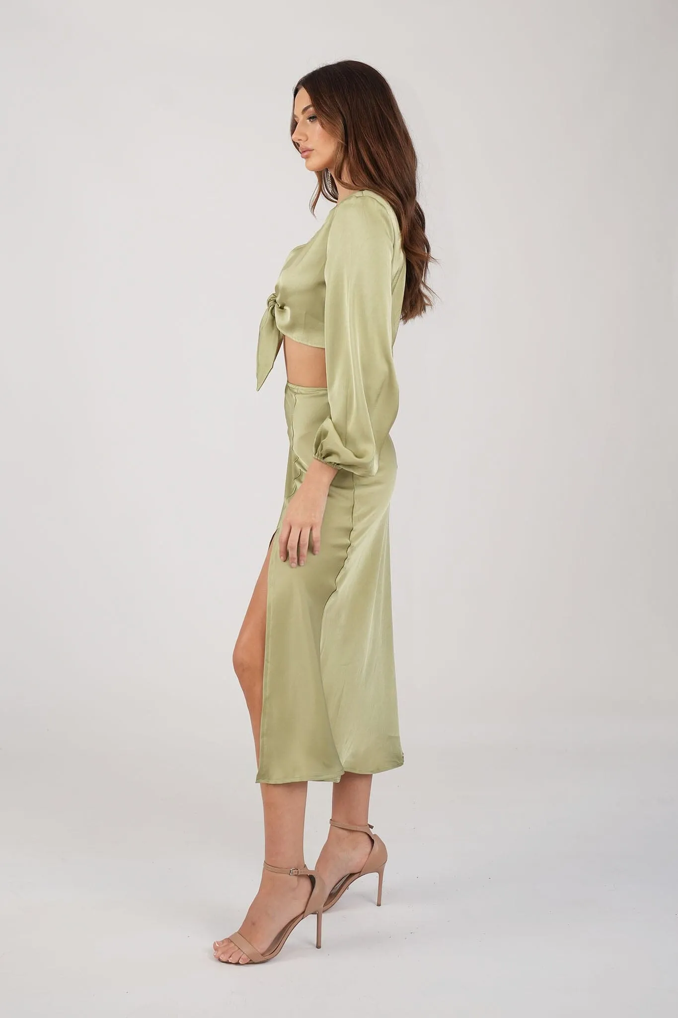 Quinn Satin Set - Long Sleeve Crop Top and Midi Skirt in Olive