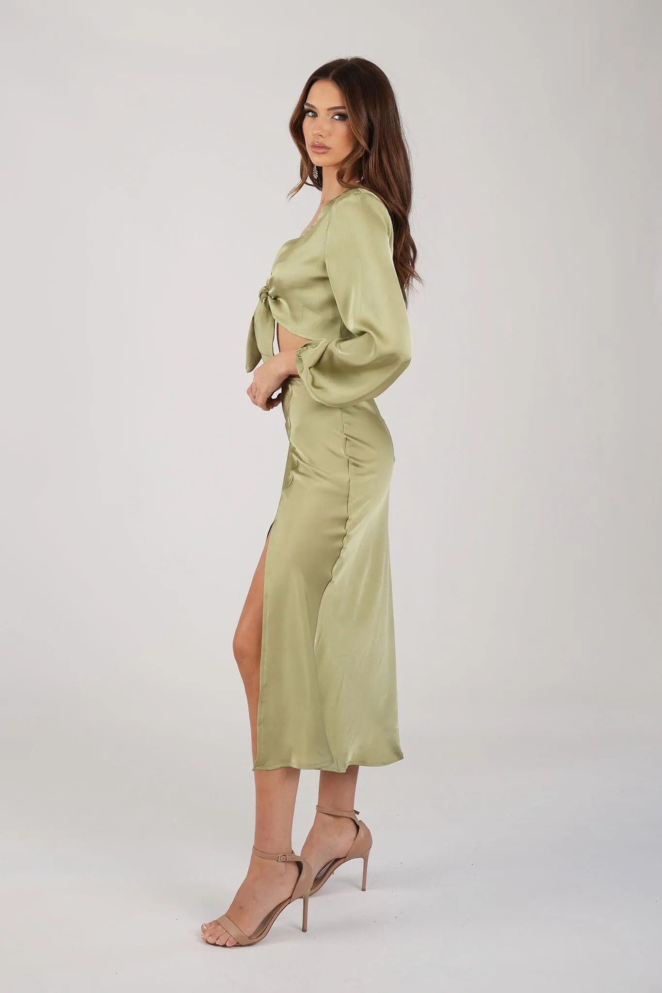 Quinn Satin Set - Long Sleeve Crop Top and Midi Skirt in Olive