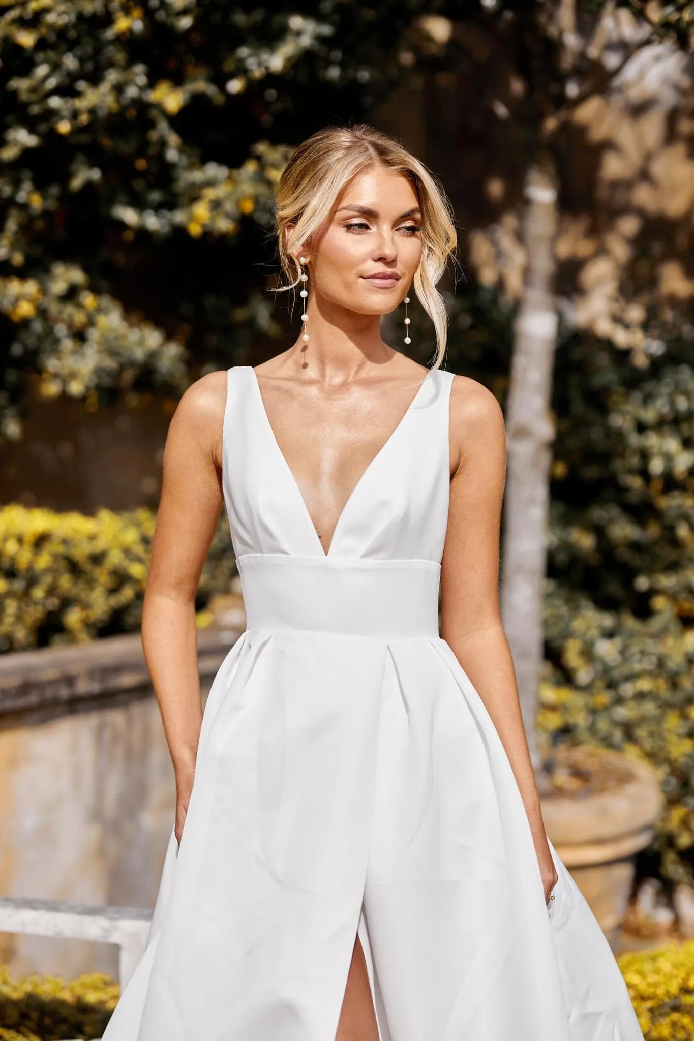 SIMONE V Neck A-line Satin Gown - Ivory