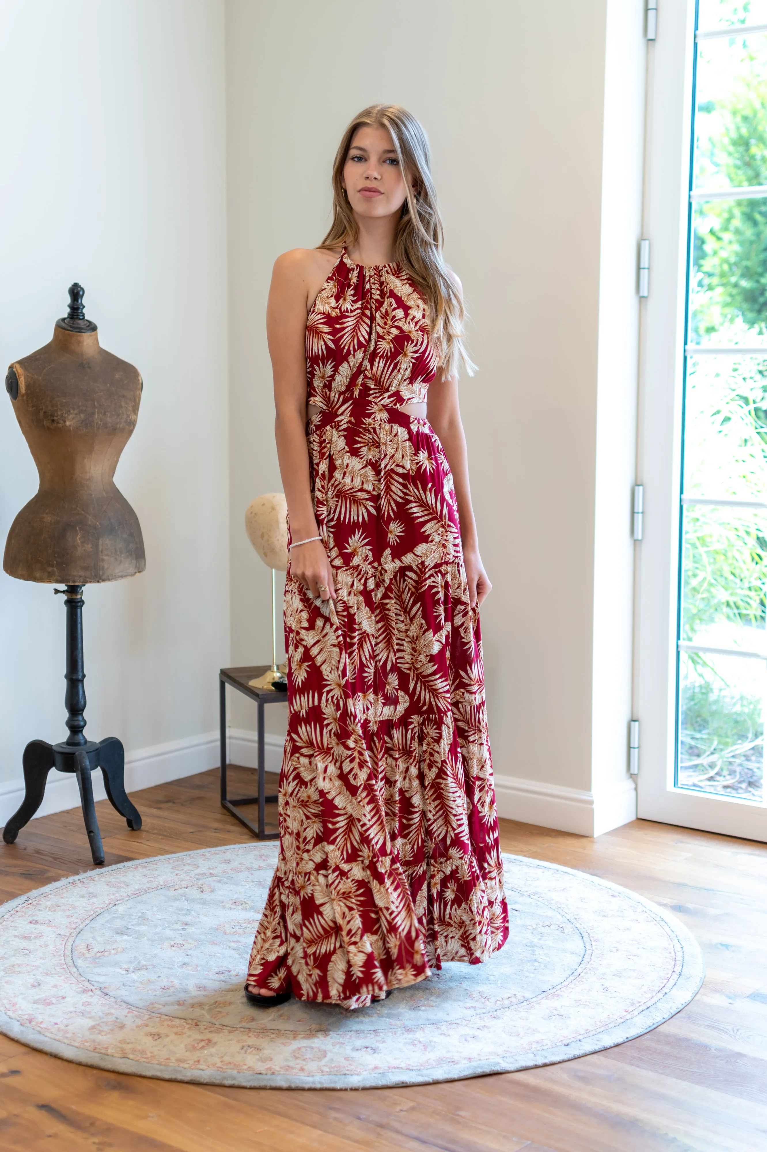 Bordeaux Floral Tropical Vibes Maxi Dress for Effortless Summer Style