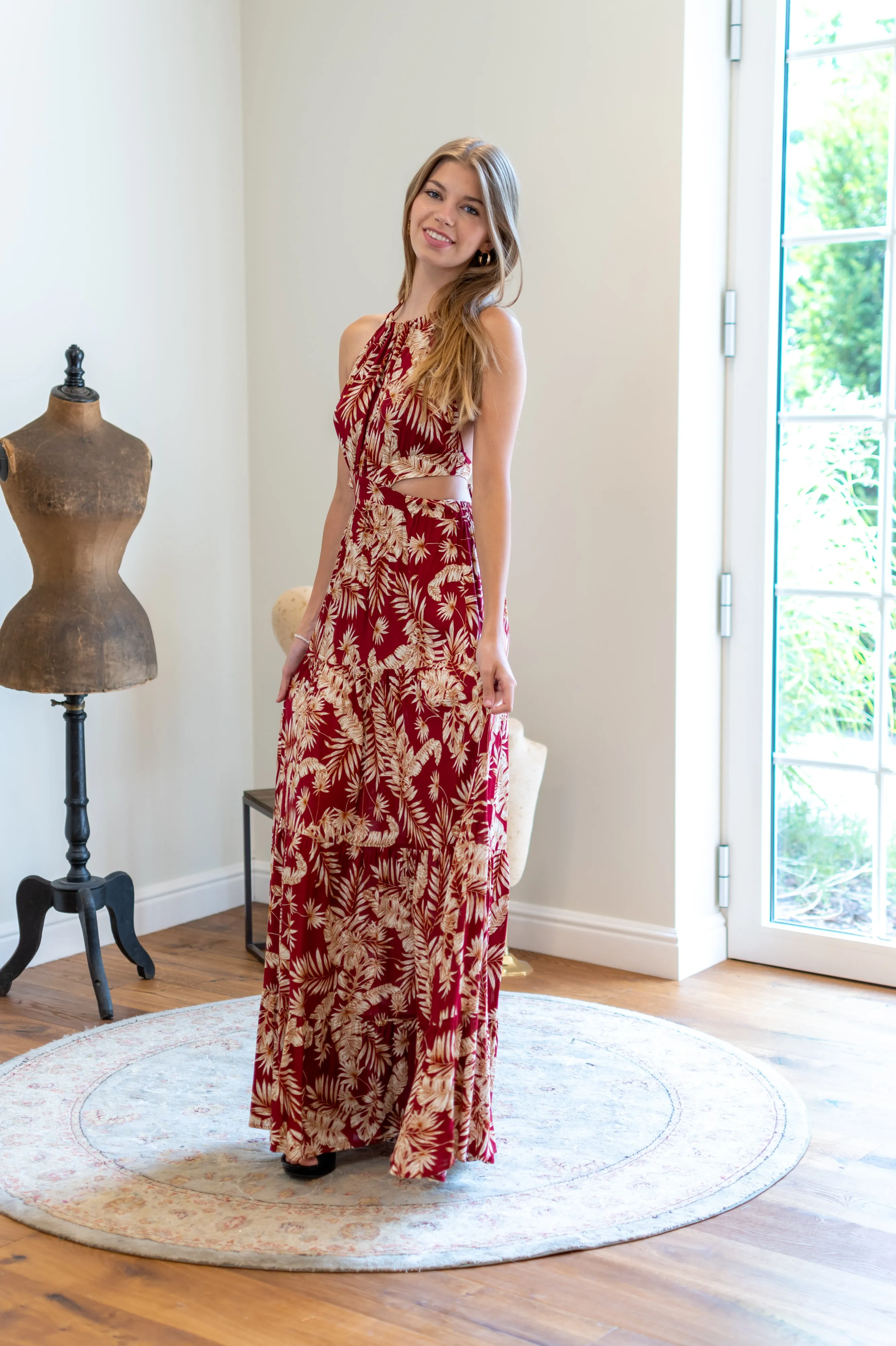 Bordeaux Floral Tropical Vibes Maxi Dress for Effortless Summer Style