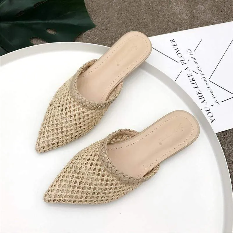 Women Pointed Toe Loe Heel Slide Sandals/ Slippers Cane Woven Beach Shoes Mule Slippers